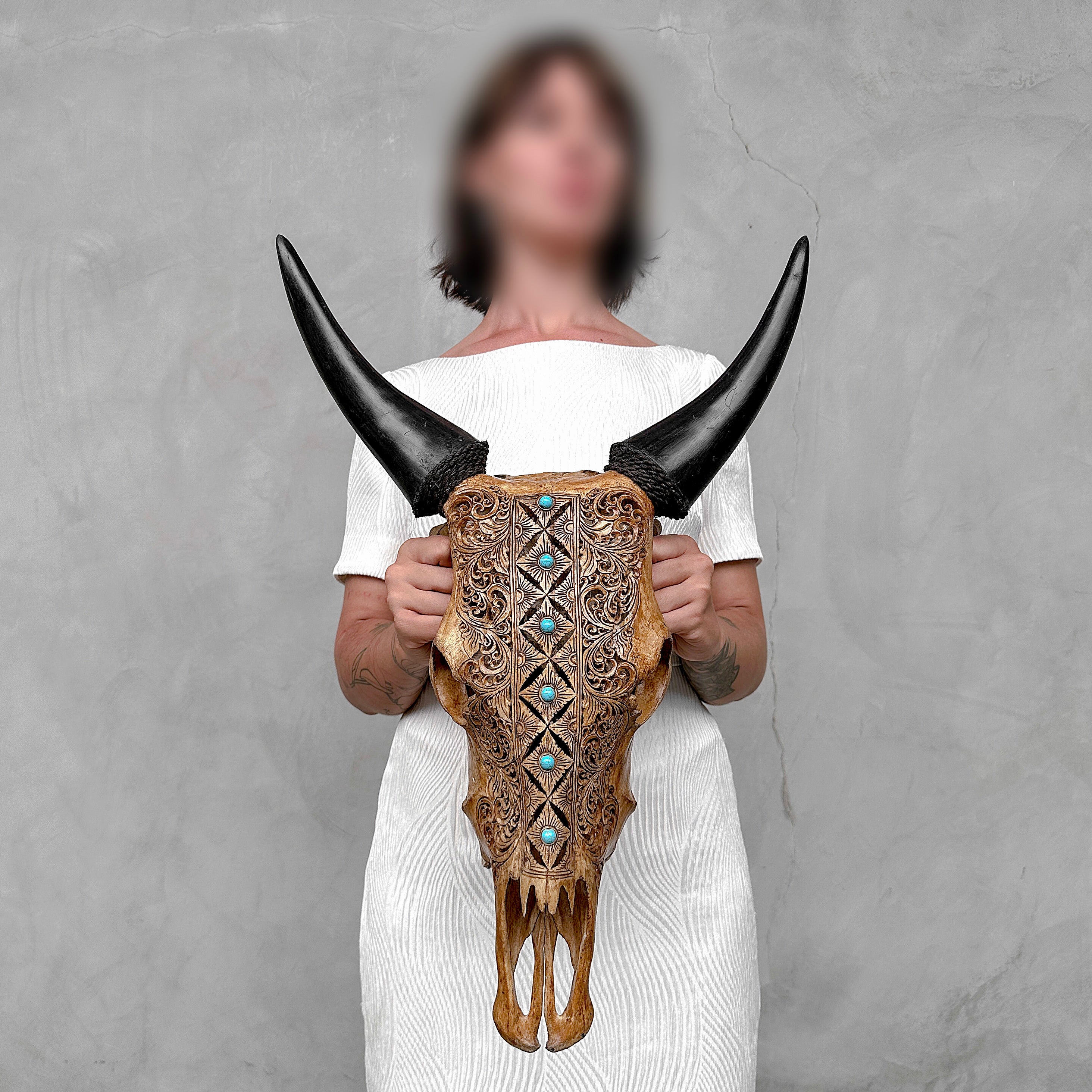 Brown Carved Cow Skull With Turqoise Accents - Ketupat motif | Skull,A/141