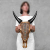 Brown Carved Cow Skull With Turqoise Accents - Ketupat motif | Skull,A/141