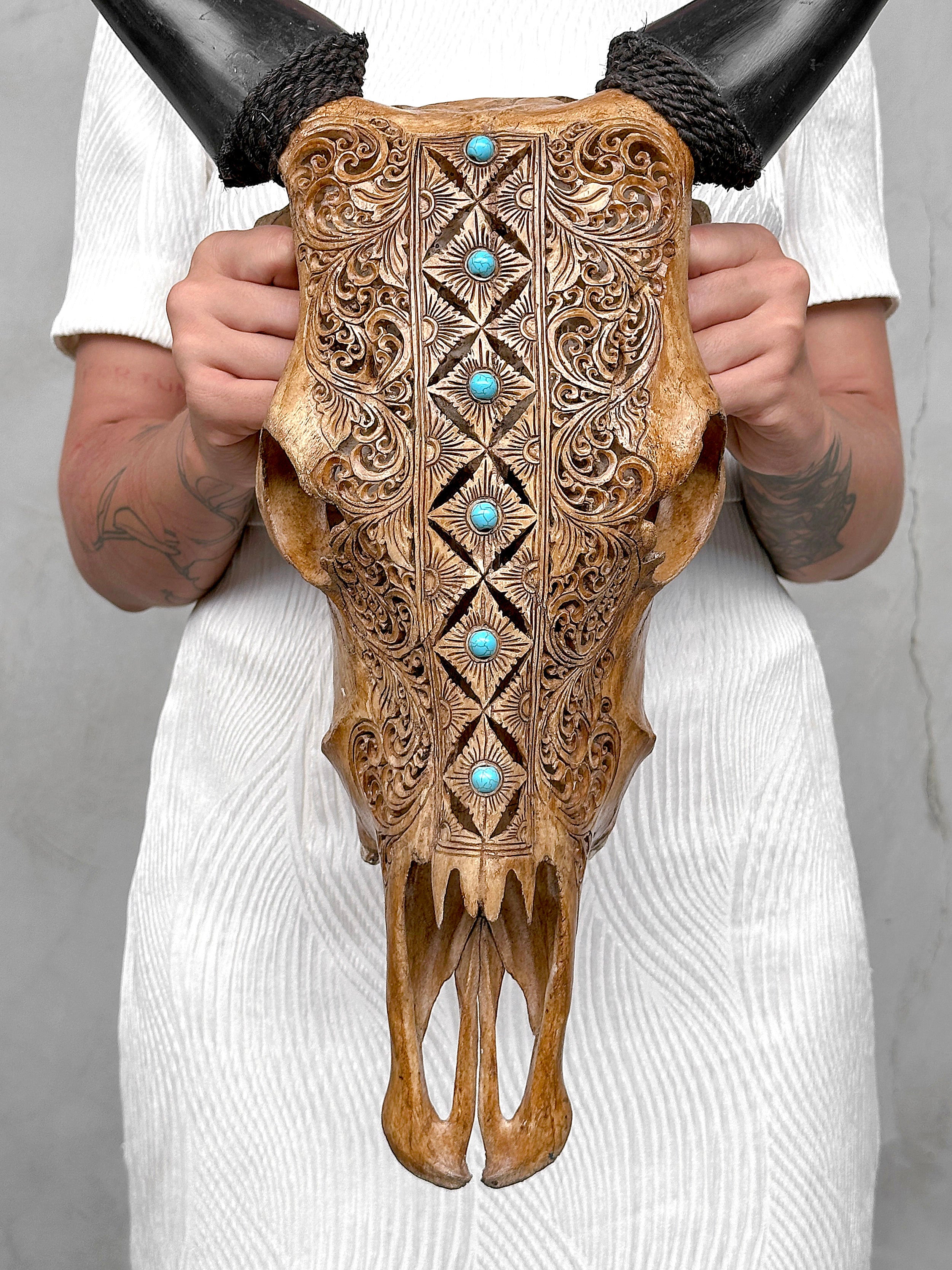 Brown Carved Cow Skull With Turqoise Accents - Ketupat motif | Skull,A/141