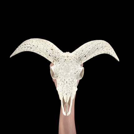 White Ram Skull Carved Horns with Flower Mandala motif on stand - Skull,A/165