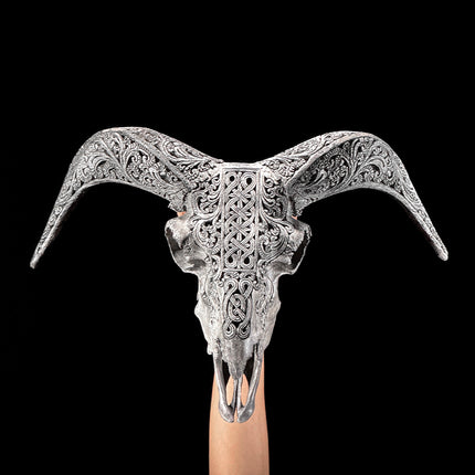Grey Ram Skull Carved Horns with Infinity motif on stand - Skull,A/164