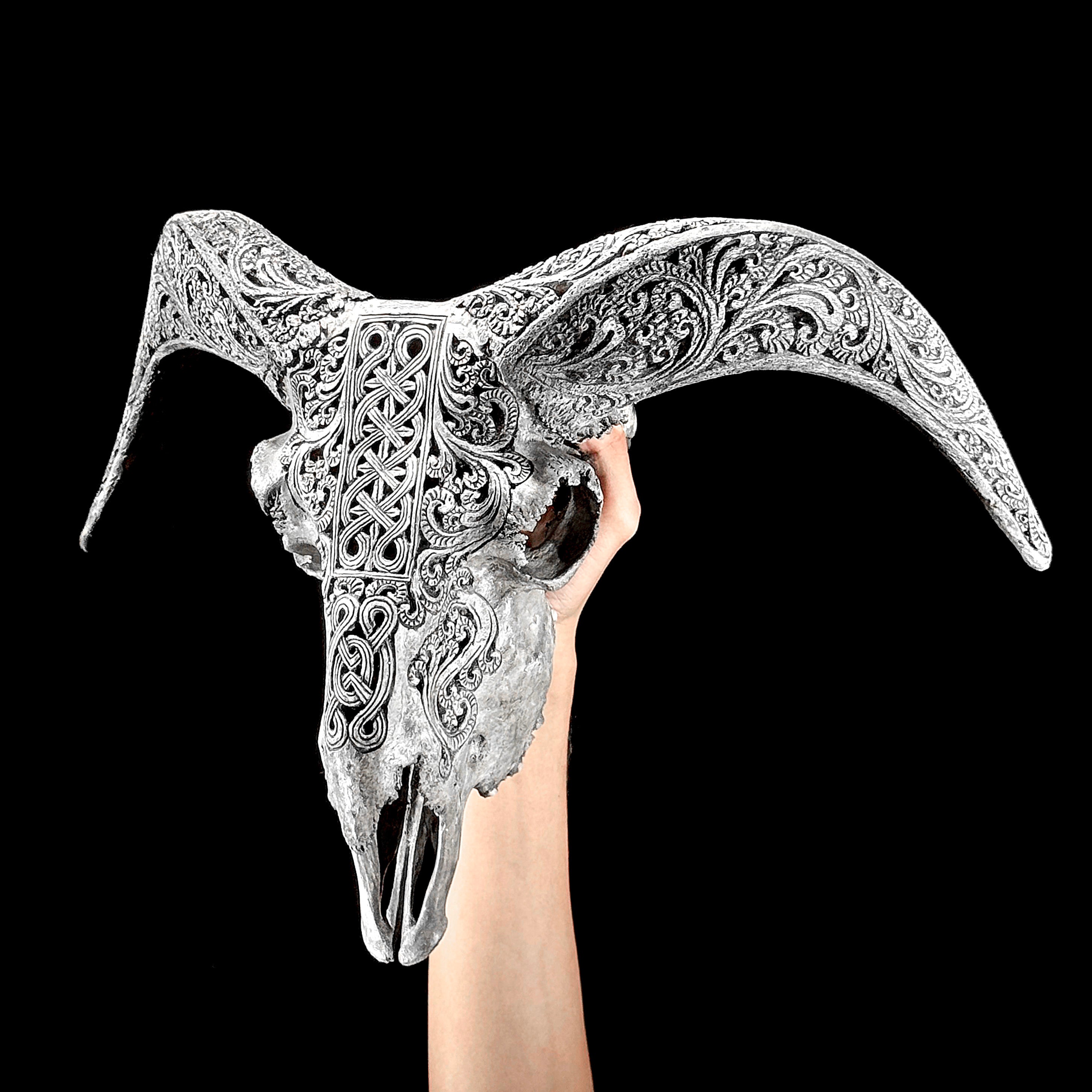 Grey Ram Skull Carved Horns with Infinity motif on stand - Skull,A/164