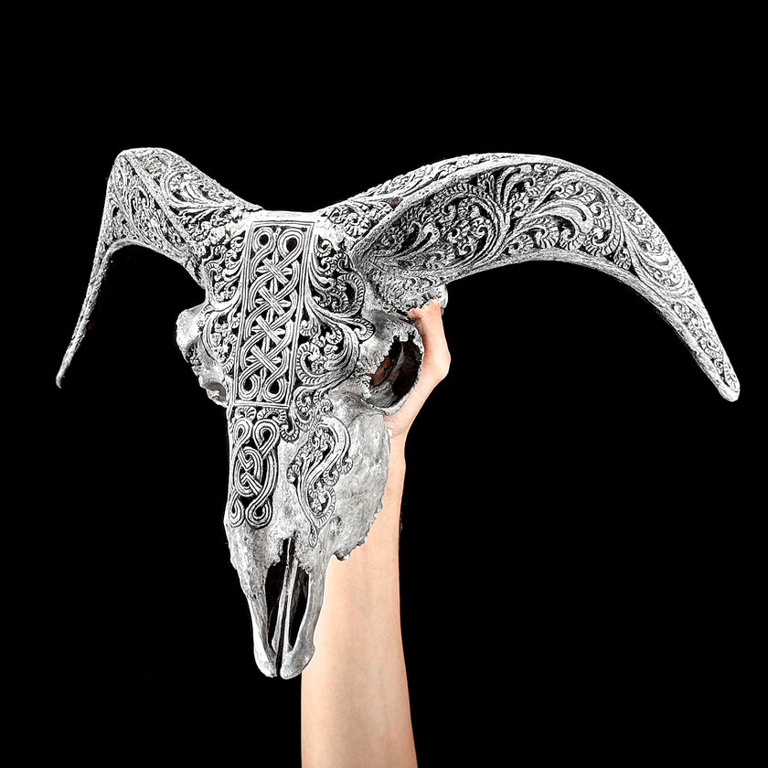 Grey Ram Skull Carved Horns with Infinity motif on stand - Skull,A/164