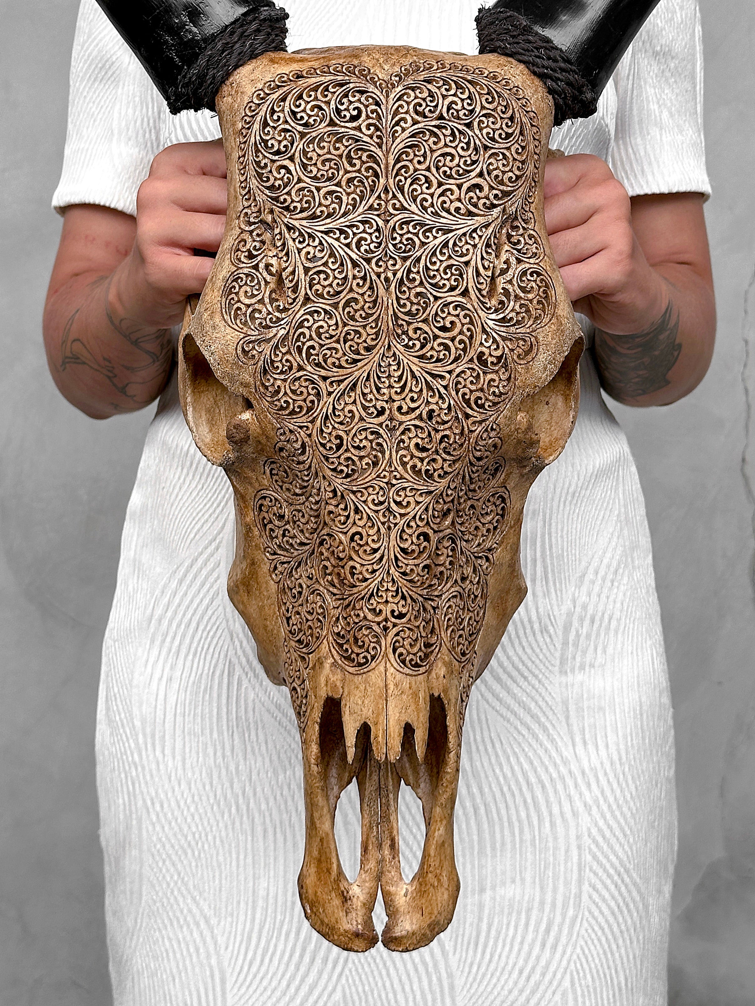 Carved Cow Skulls with Fern Carving Skull,A/183