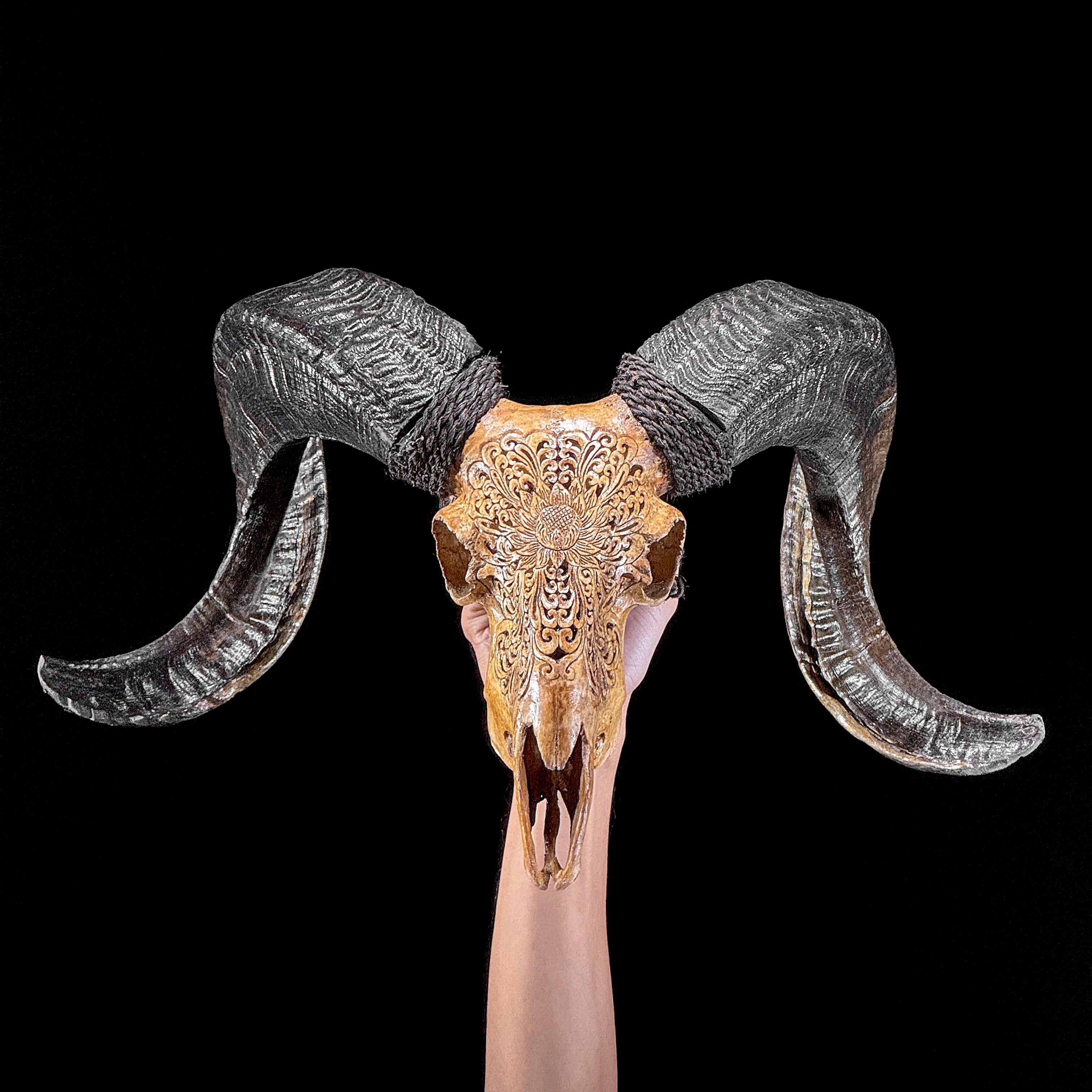 Carved Ram Skull with Big Lotus motif on stand - Skull,A/161