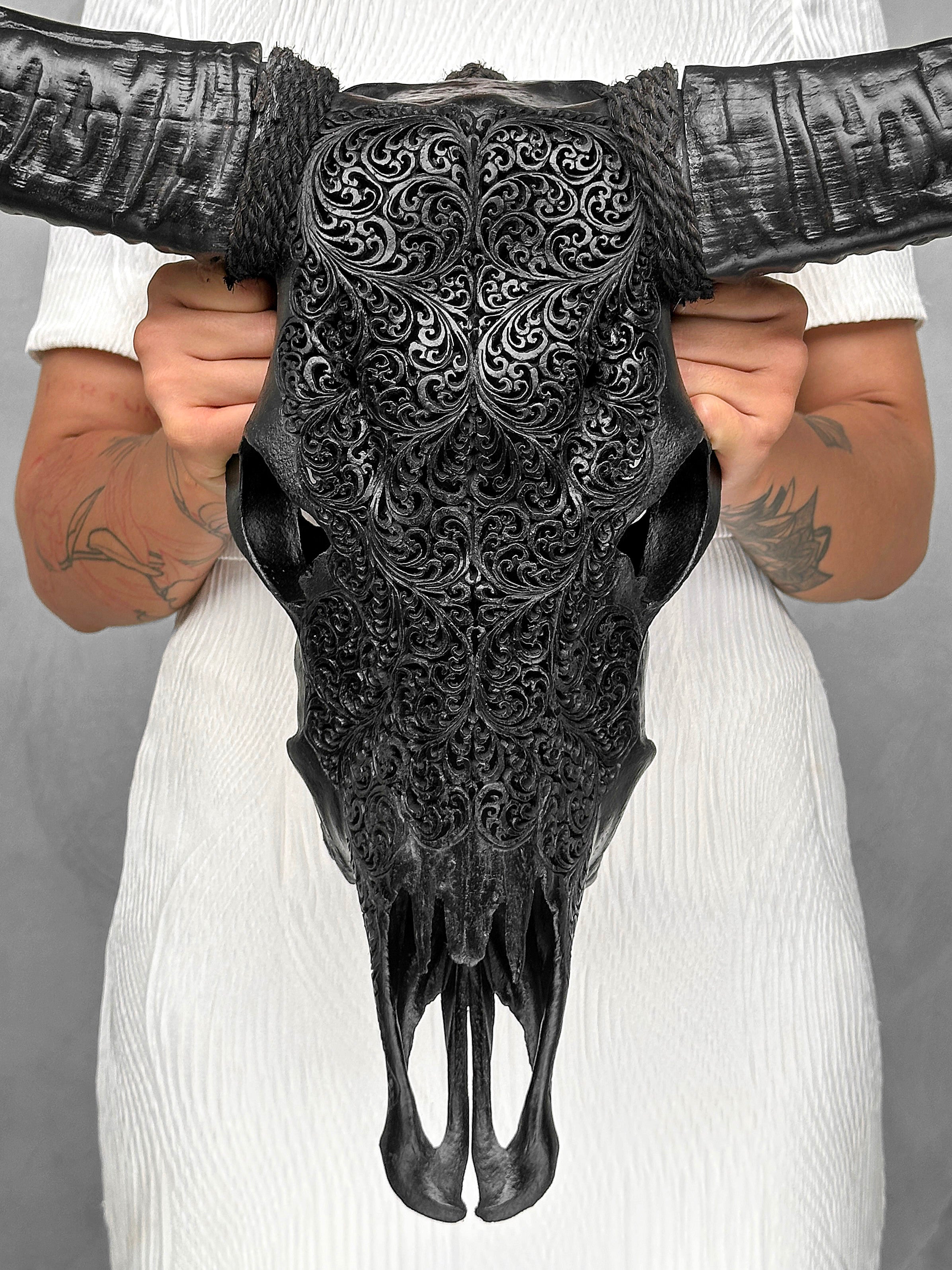 Black Carved Buffalo Skulls with Fern motif | Skull,A/174