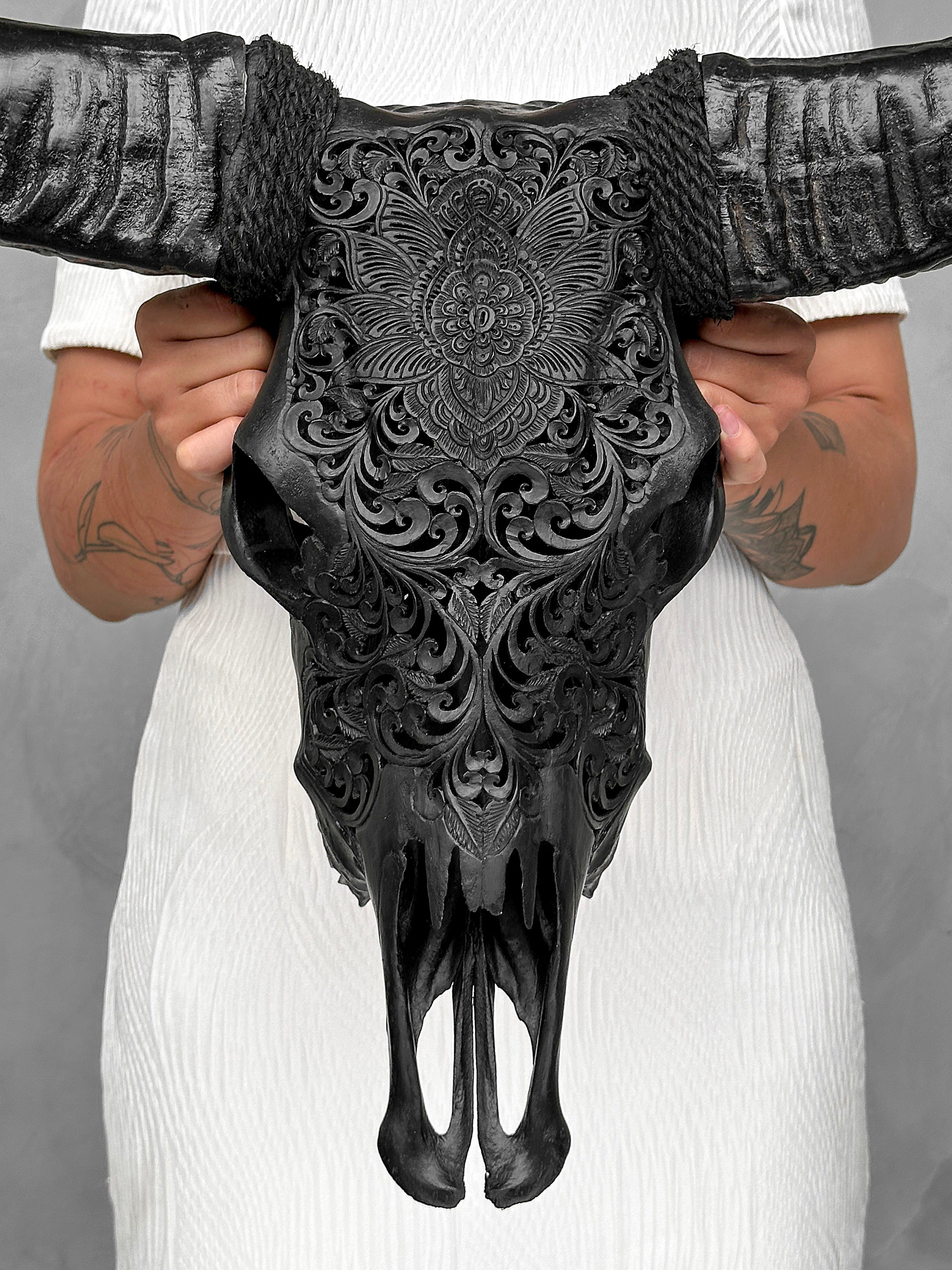 Black Carved Buffalo Skulls with Floral motif | Skull,A/172