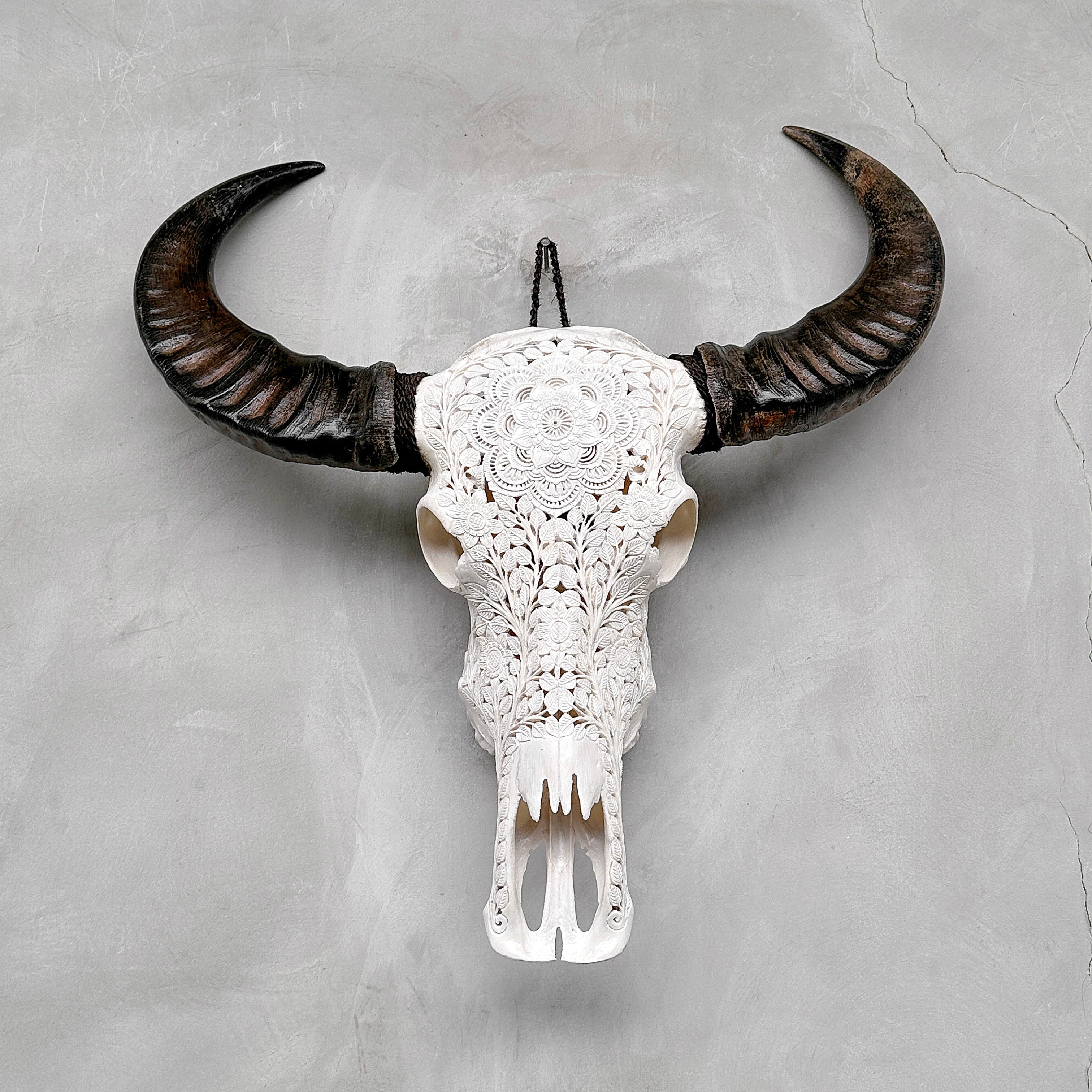 Caved Waterbuffalo Skulls with Flower Mandala Carving Skull,A/170