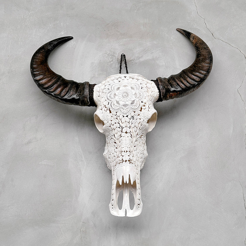 Caved Waterbuffalo Skulls with Flower Mandala Carving Skull,A/170