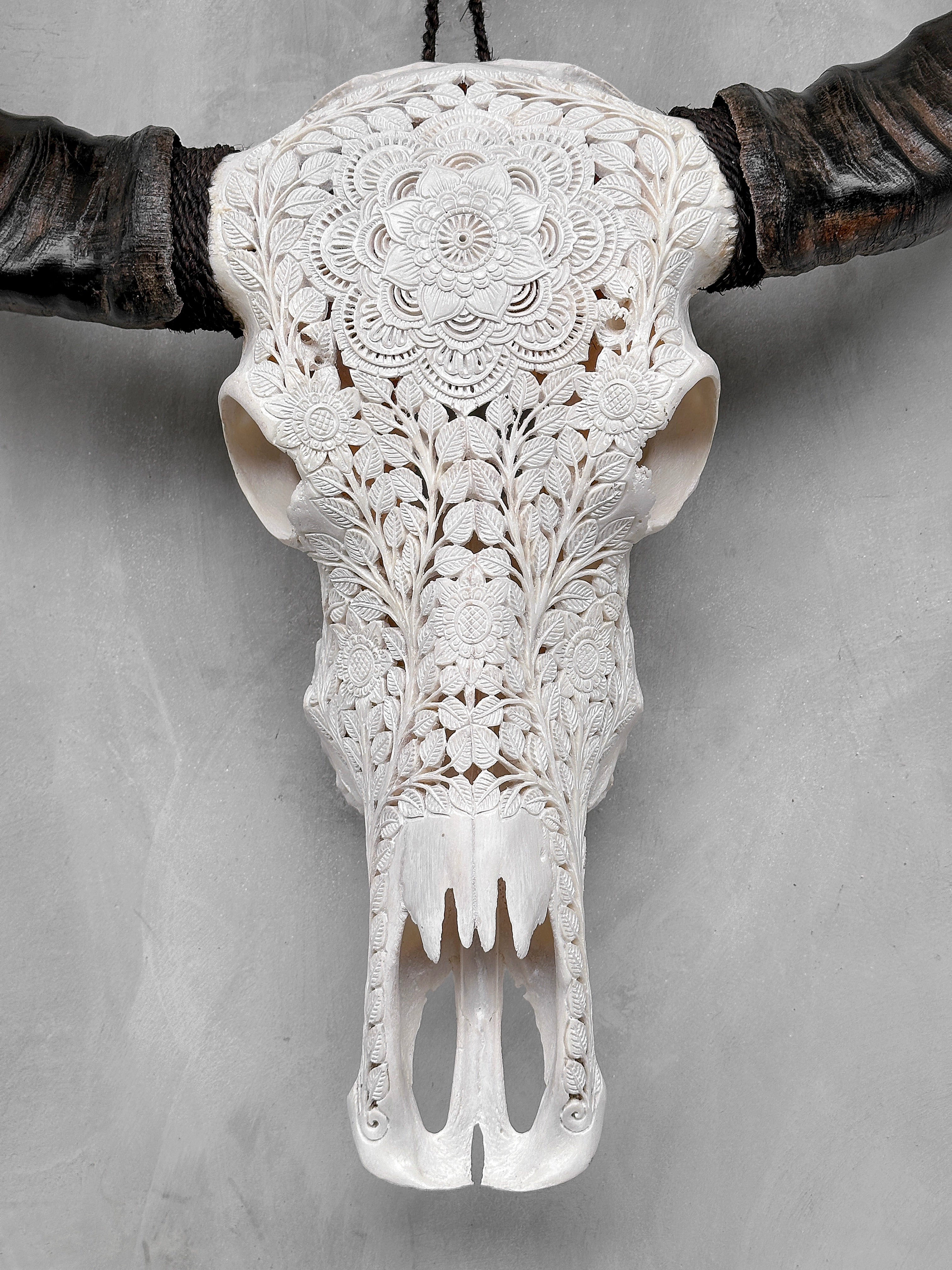 Caved Waterbuffalo Skulls with Flower Mandala Carving Skull,A/170