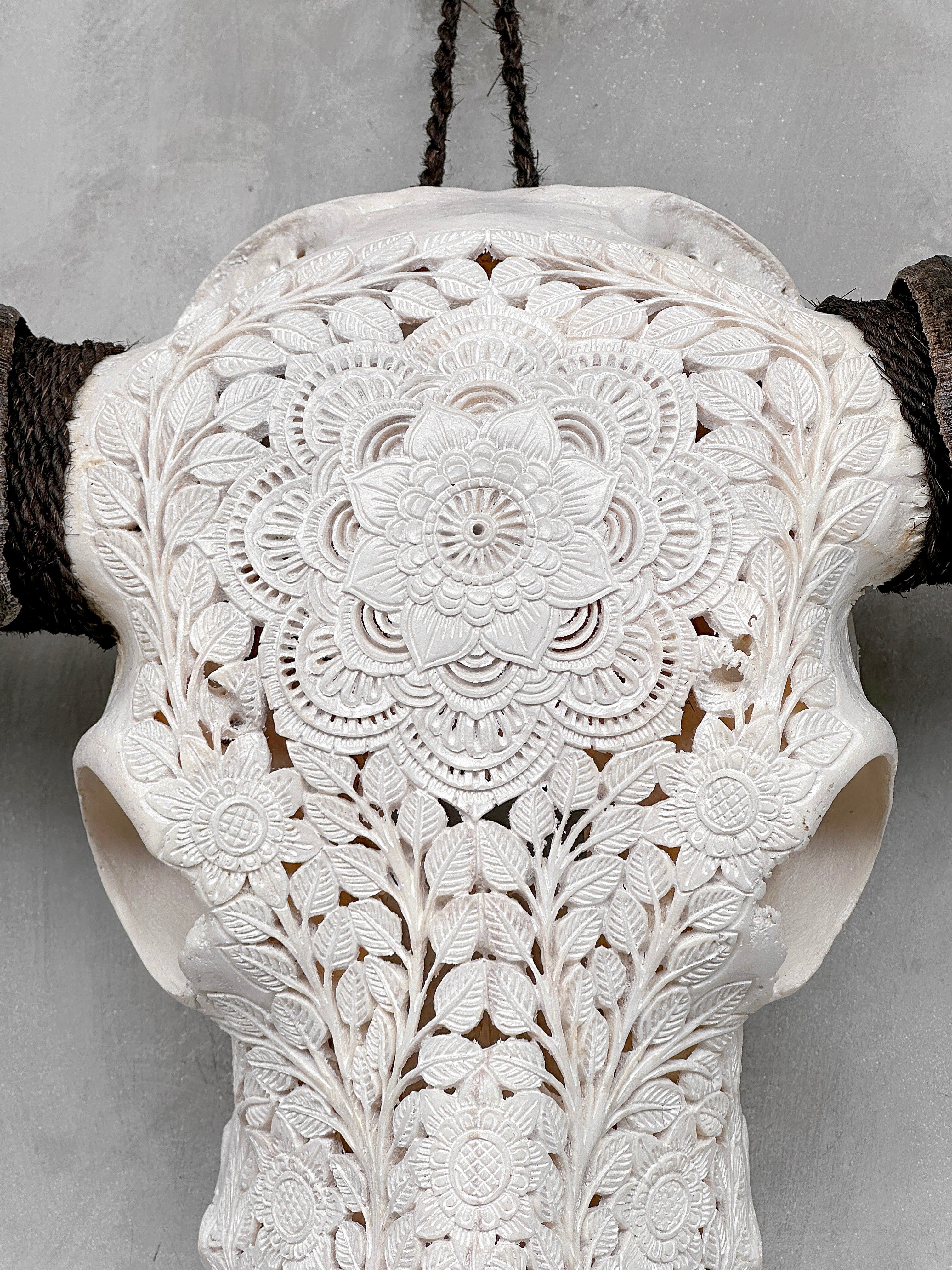 Caved Waterbuffalo Skulls with Flower Mandala Carving Skull,A/170