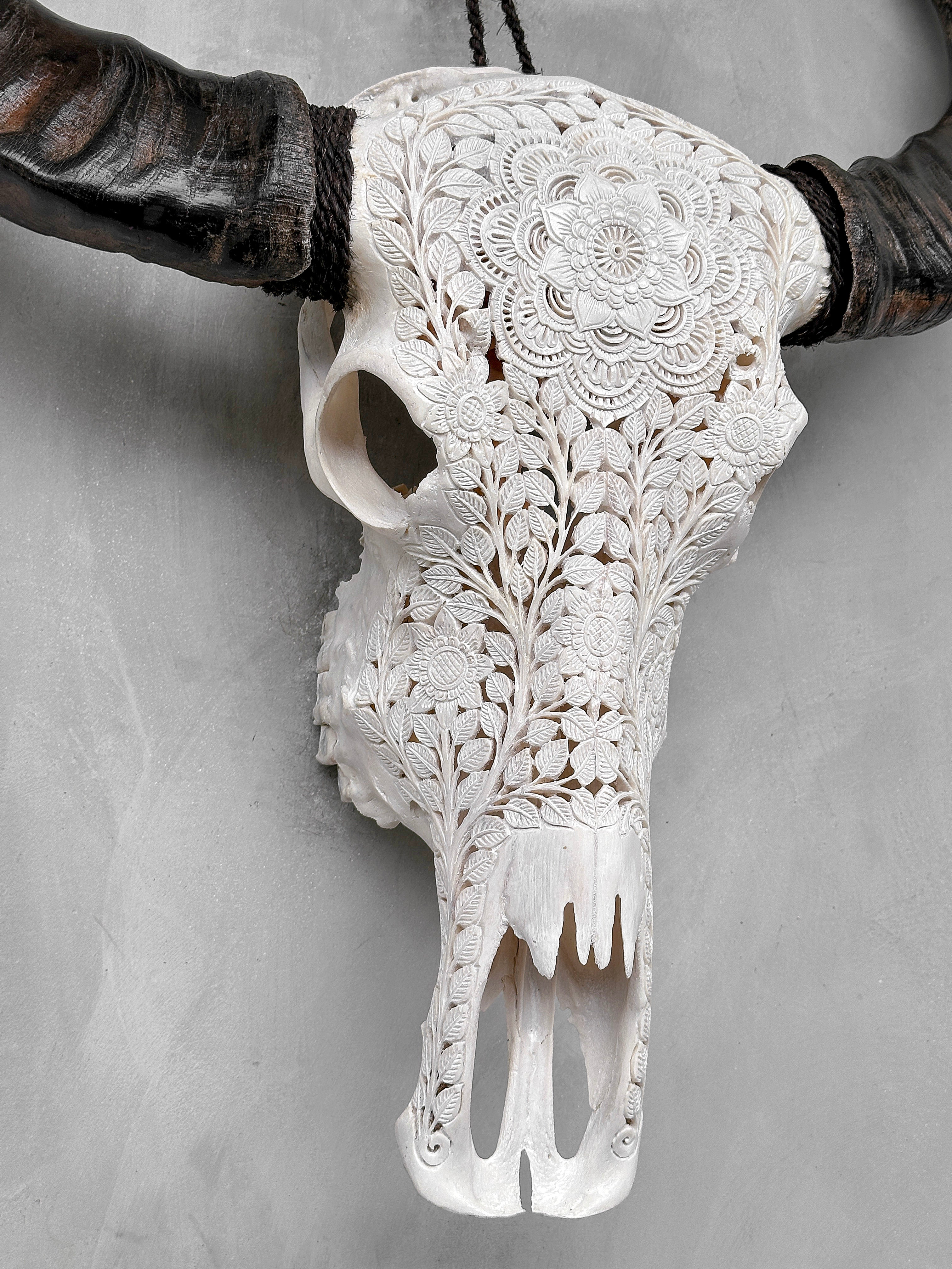Caved Waterbuffalo Skulls with Flower Mandala Carving Skull,A/170