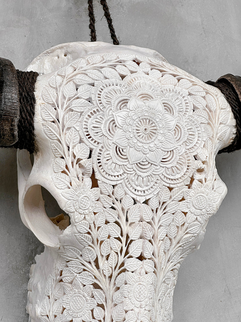 Caved Waterbuffalo Skulls with Flower Mandala Carving Skull,A/170
