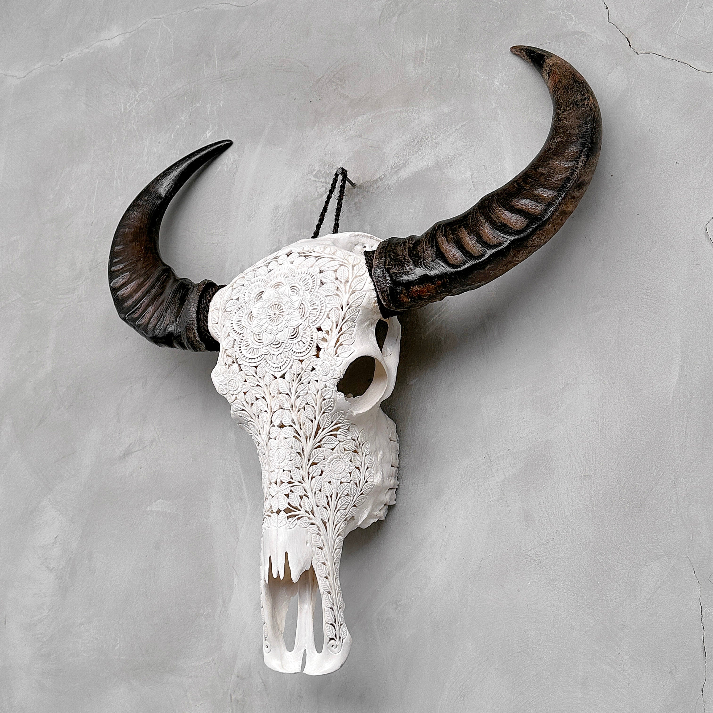 Caved Waterbuffalo Skulls with Flower Mandala Carving Skull,A/170