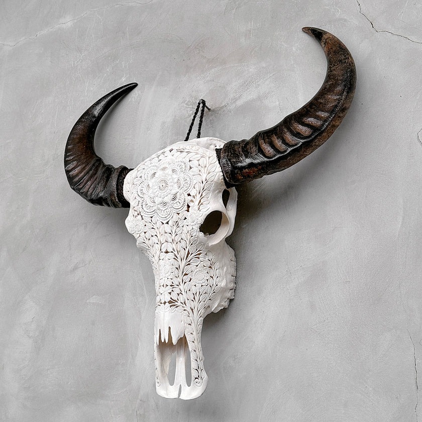 Caved Waterbuffalo Skulls with Flower Mandala Carving Skull,A/170