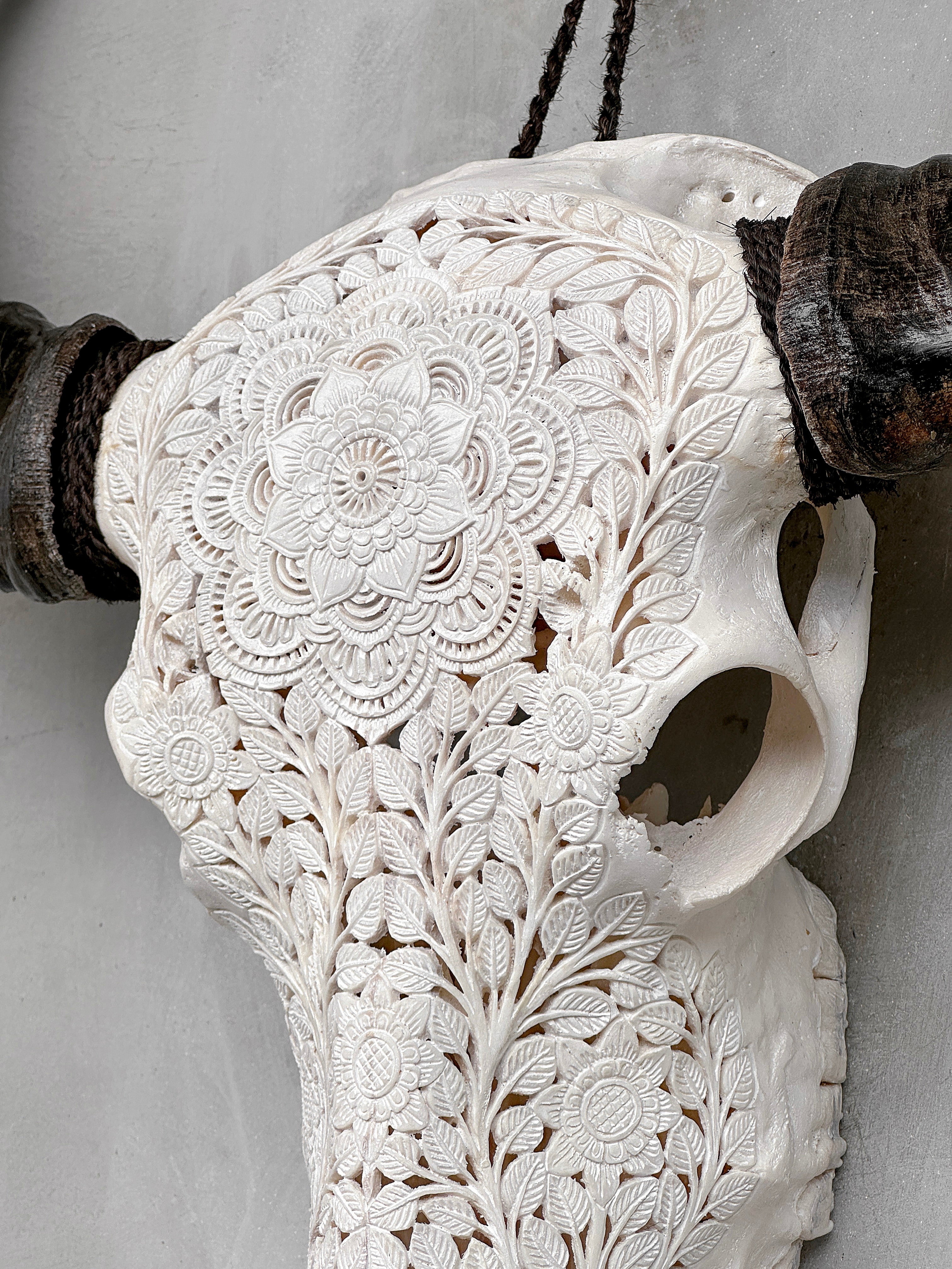 Caved Waterbuffalo Skulls with Flower Mandala Carving Skull,A/170