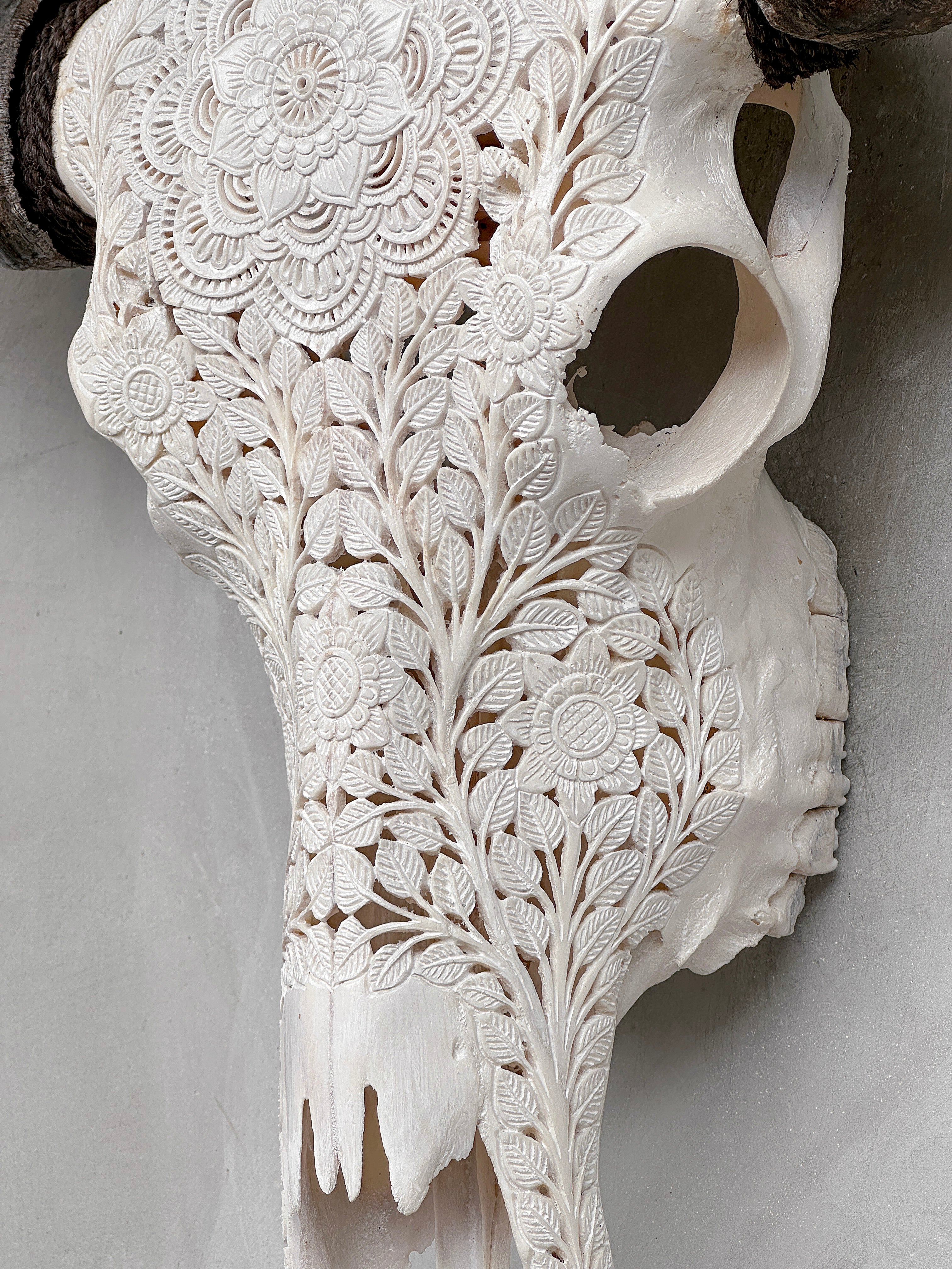 Caved Waterbuffalo Skulls with Flower Mandala Carving Skull,A/170