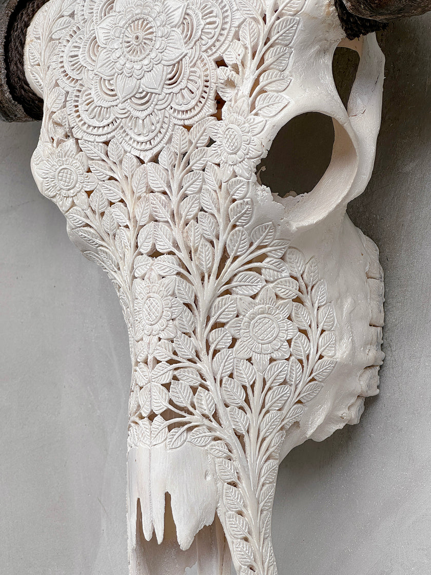 Caved Waterbuffalo Skulls with Flower Mandala Carving Skull,A/170