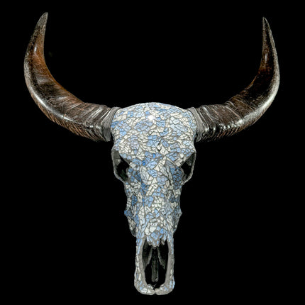 Pastel Blue Mosaic Buffalo Skull Wall Decor – Decorative Horned Skull for Boho, Coastal, or Rustic Style Interiors - Skull,A/128