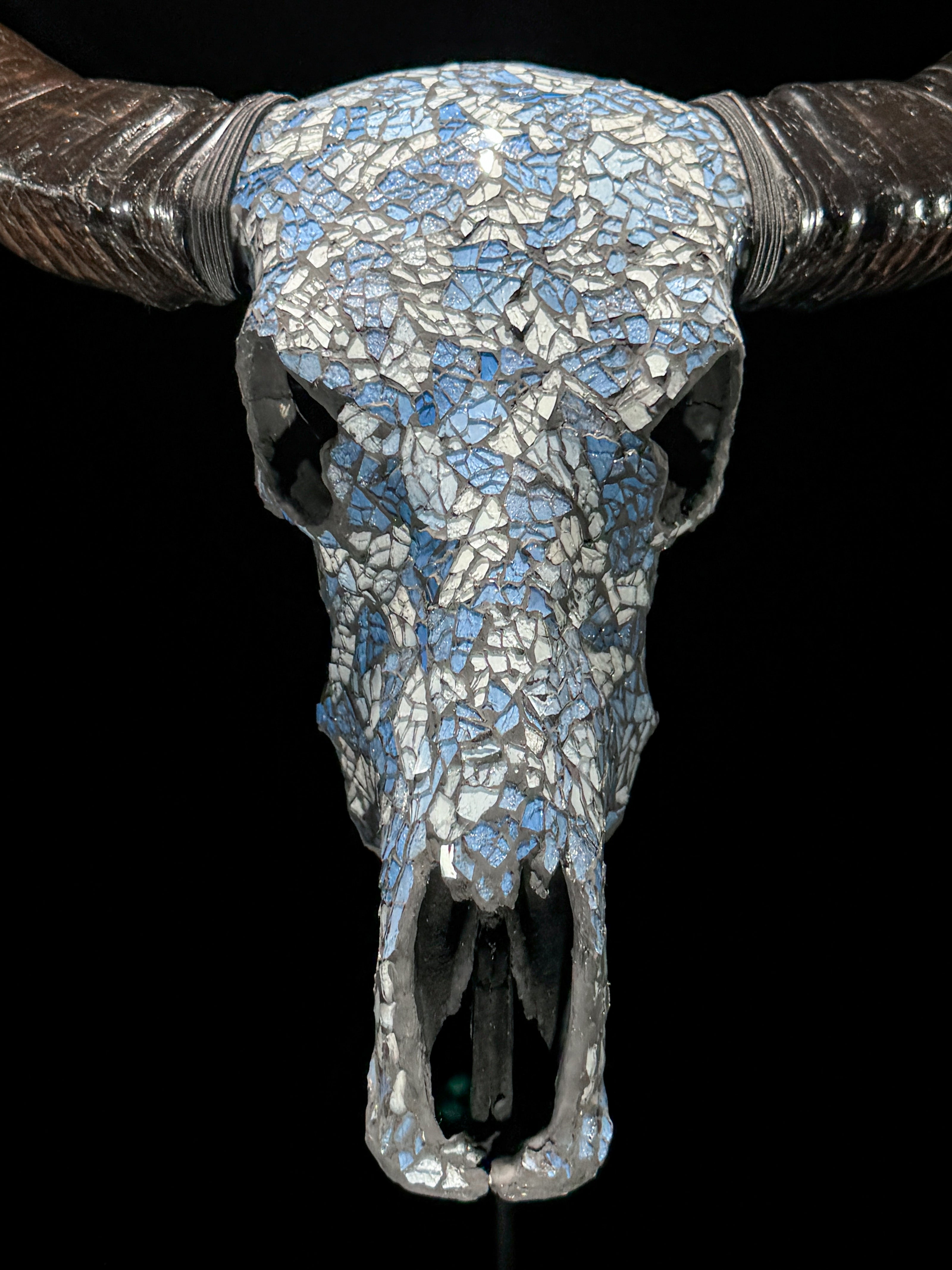 Pastel Blue Mosaic Buffalo Skull Wall Decor – Decorative Horned Skull for Boho, Coastal, or Rustic Style Interiors - Skull,A/128