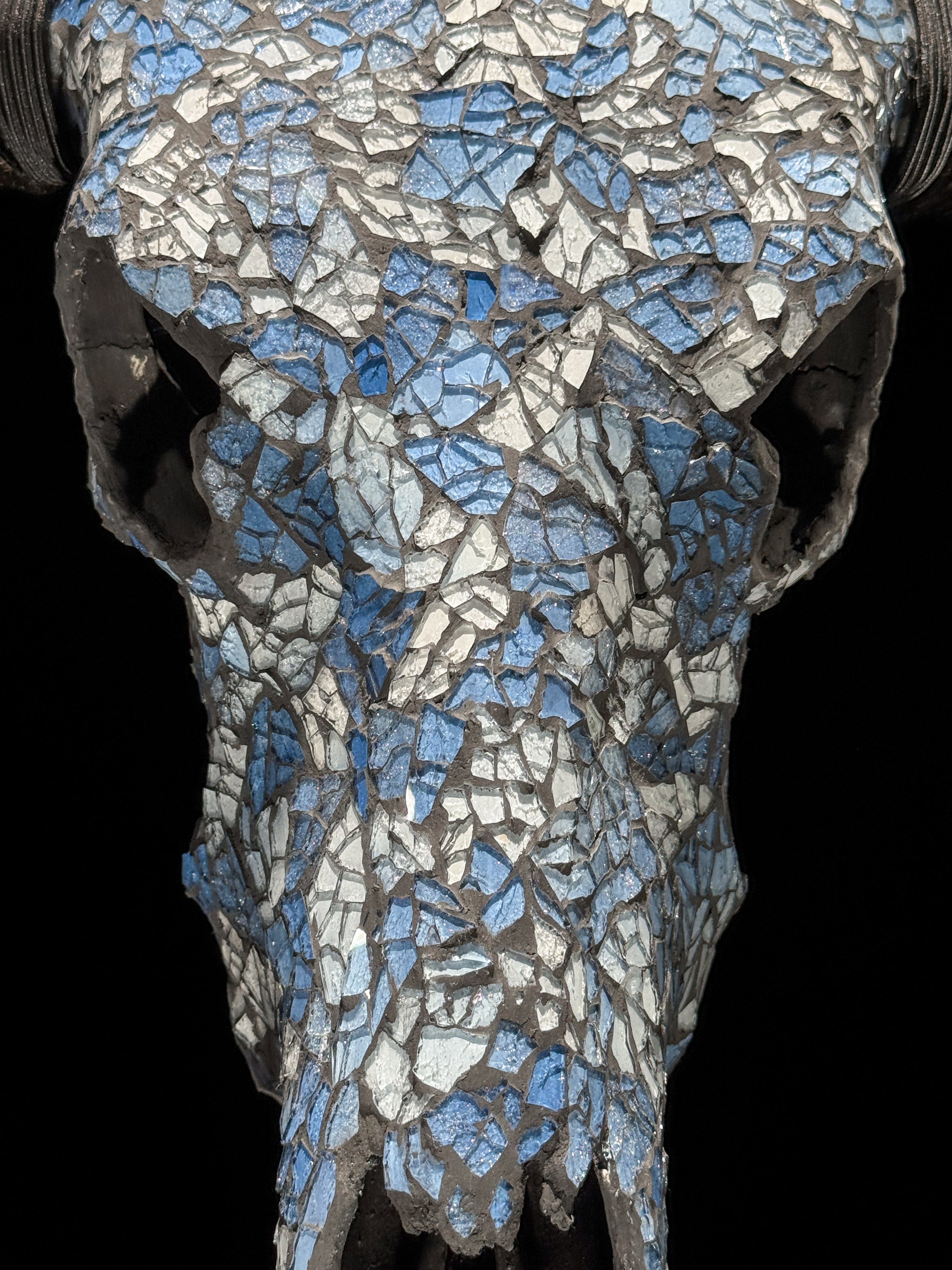 Pastel Blue Mosaic Buffalo Skull Wall Decor – Decorative Horned Skull for Boho, Coastal, or Rustic Style Interiors - Skull,A/128