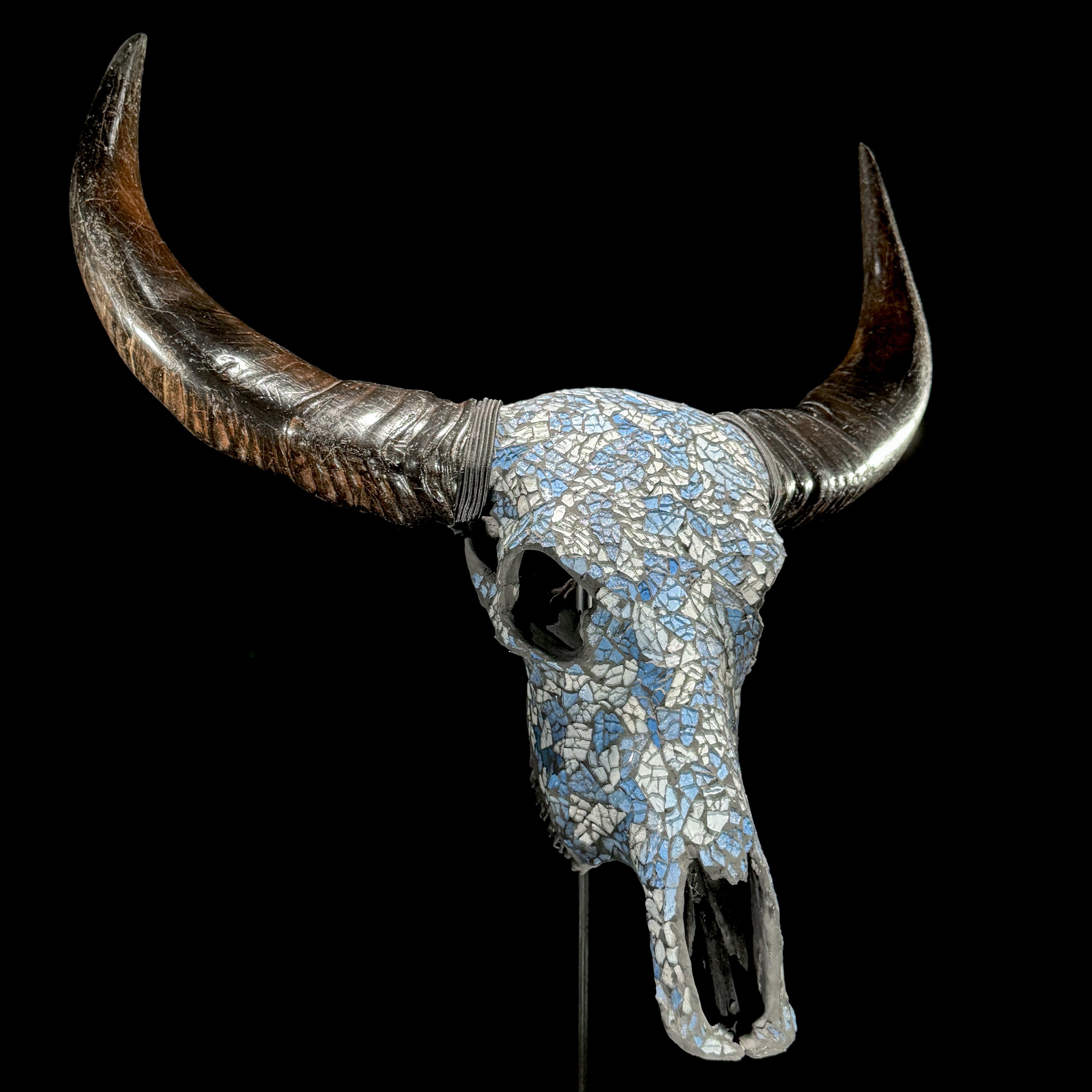 Pastel Blue Mosaic Buffalo Skull Wall Decor – Decorative Horned Skull for Boho, Coastal, or Rustic Style Interiors - Skull,A/128
