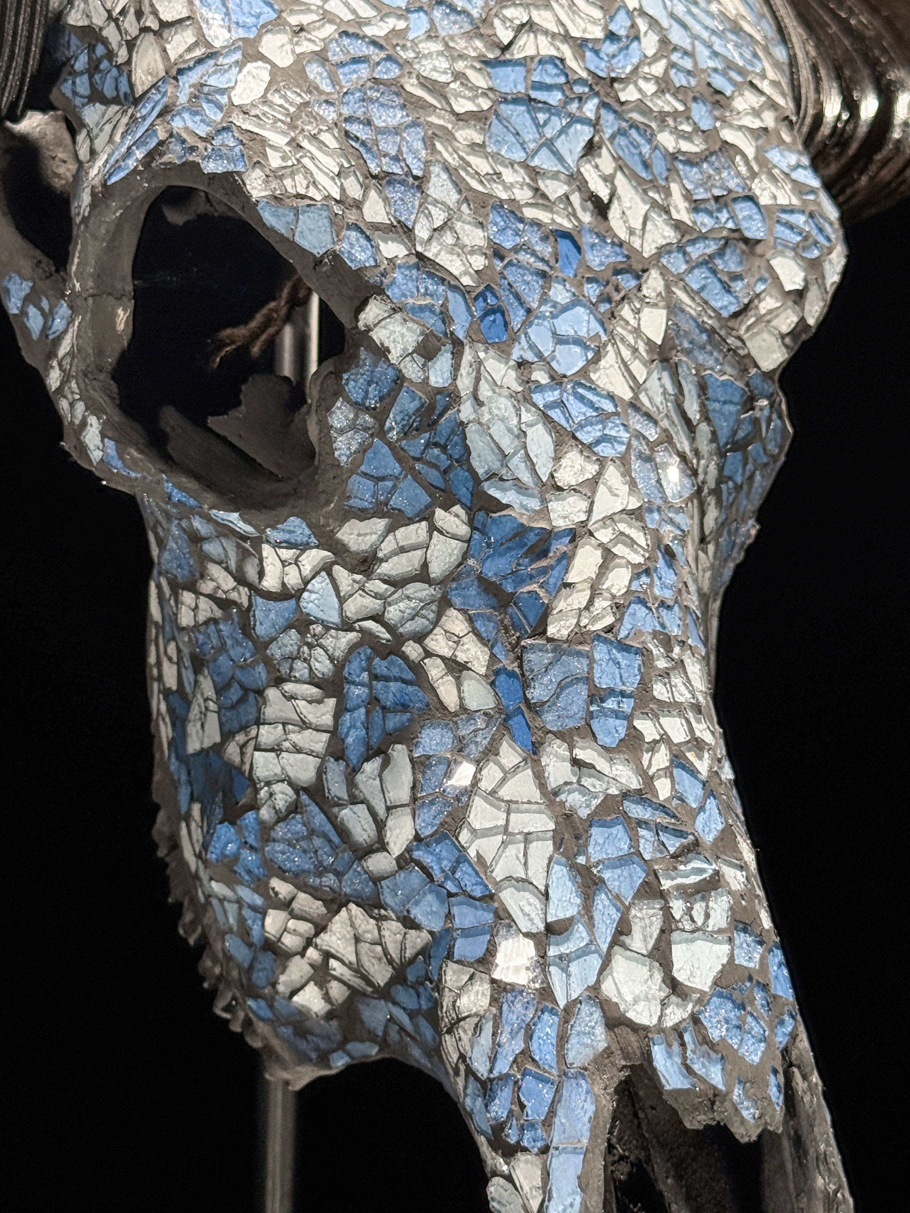Pastel Blue Mosaic Buffalo Skull Wall Decor – Decorative Horned Skull for Boho, Coastal, or Rustic Style Interiors - Skull,A/128