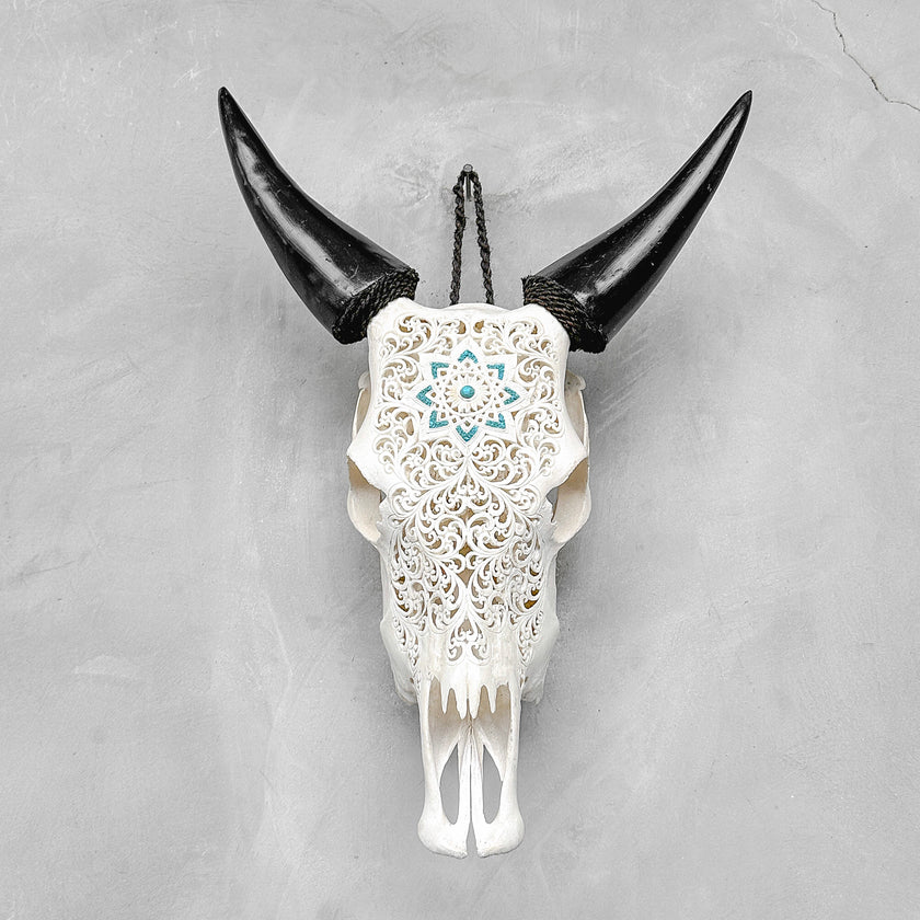 White Carved Cow Skull With Turqoise Accents - Star mandala motif | Skull,A/138