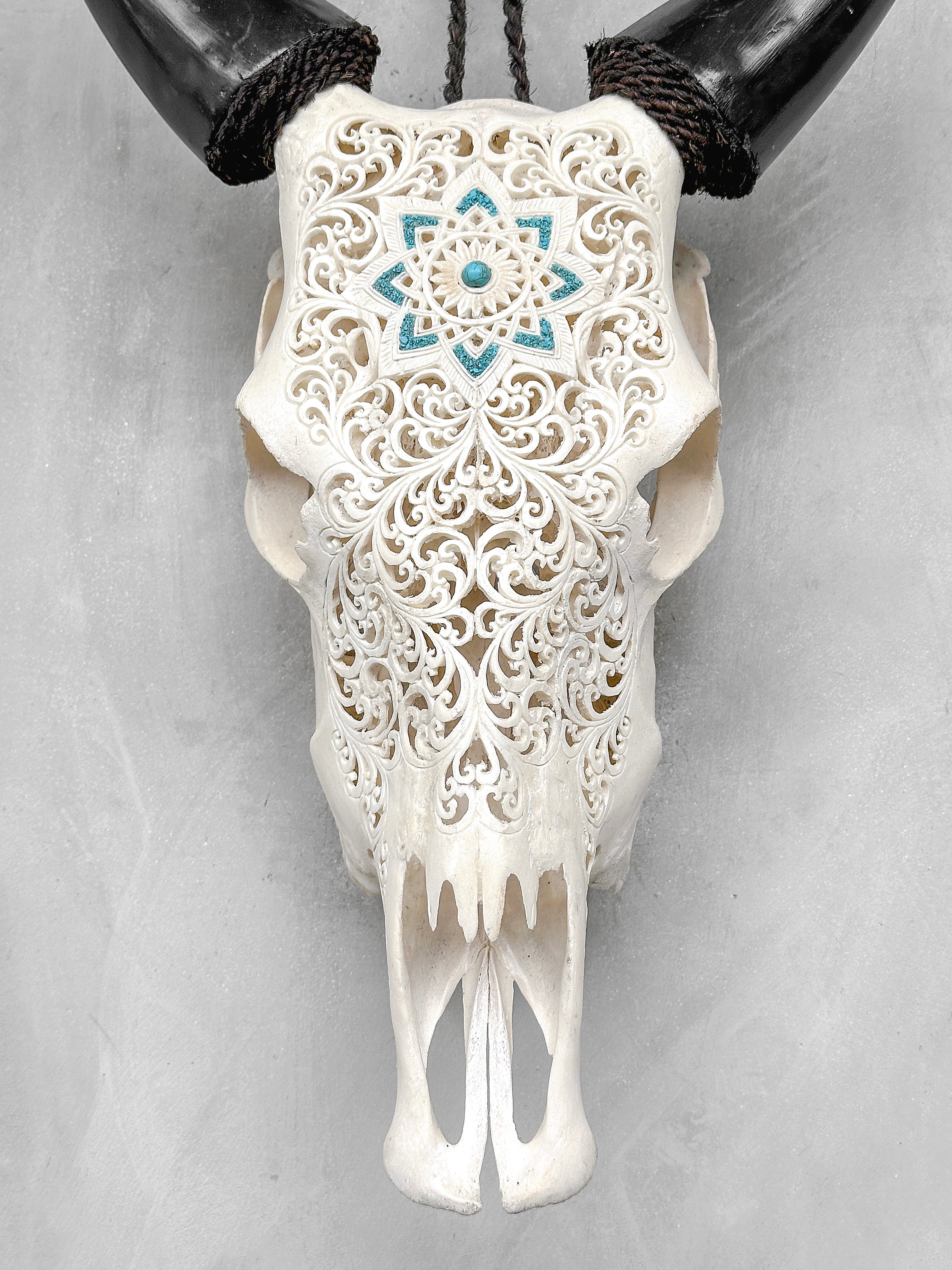 White Carved Cow Skull With Turqoise Accents - Star mandala motif | Skull,A/138