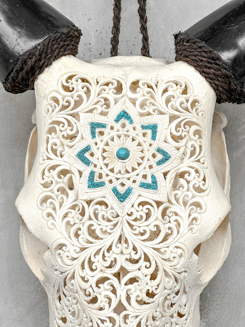White Carved Cow Skull With Turqoise Accents - Star mandala motif | Skull,A/138