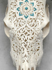 White Carved Cow Skull With Turqoise Accents - Star mandala motif | Skull,A/138