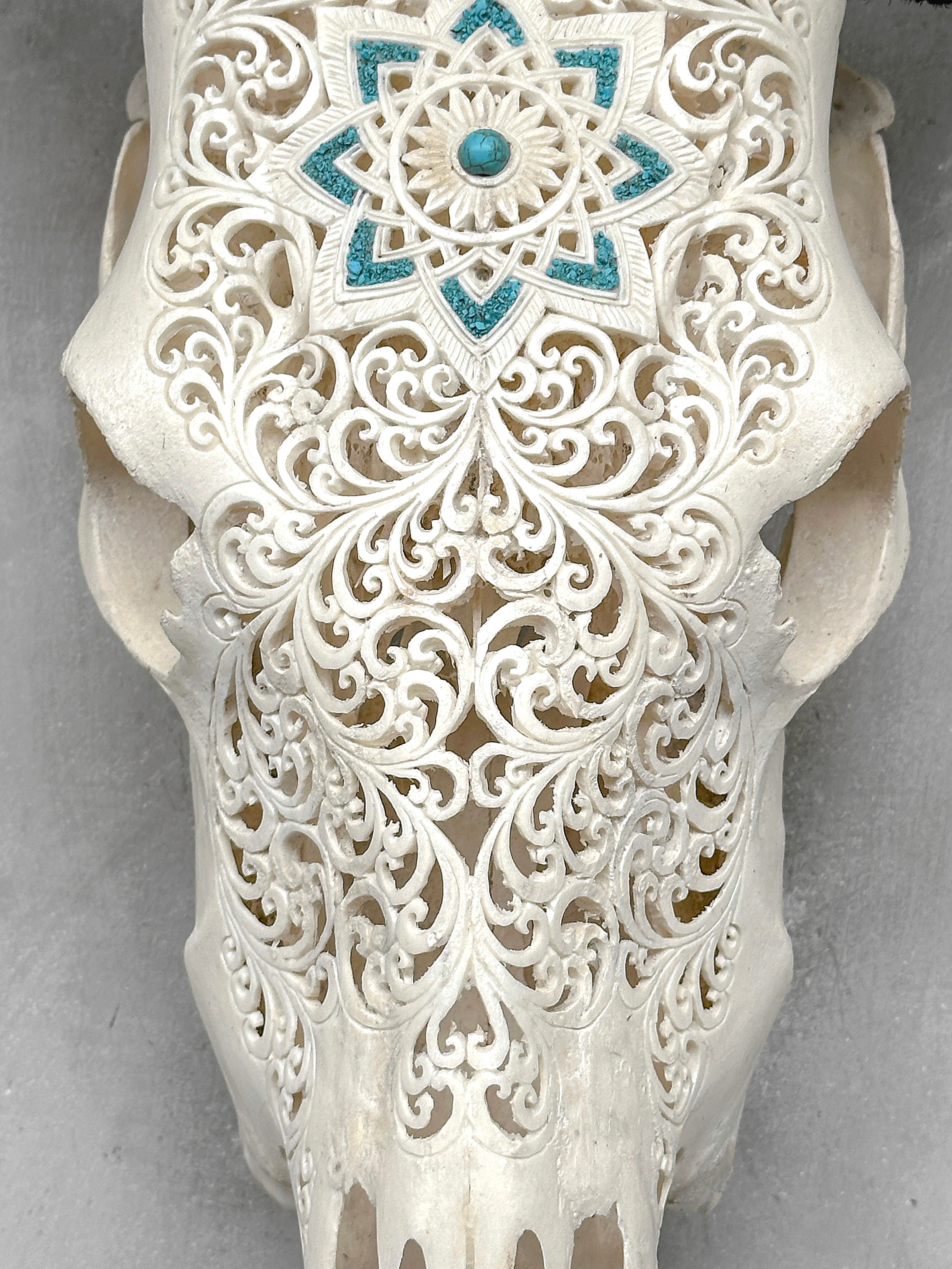 White Carved Cow Skull With Turqoise Accents - Star mandala motif | Skull,A/138