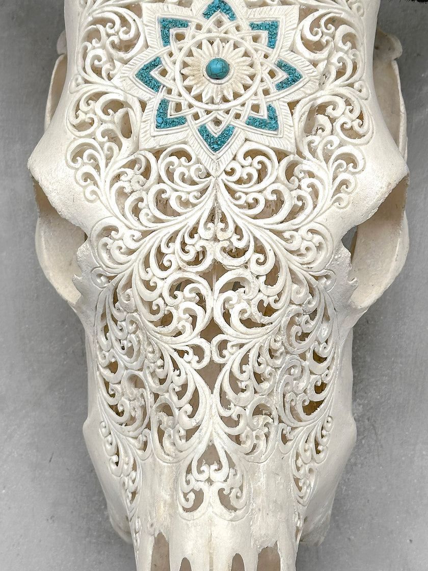 White Carved Cow Skull With Turqoise Accents - Star mandala motif | Skull,A/138