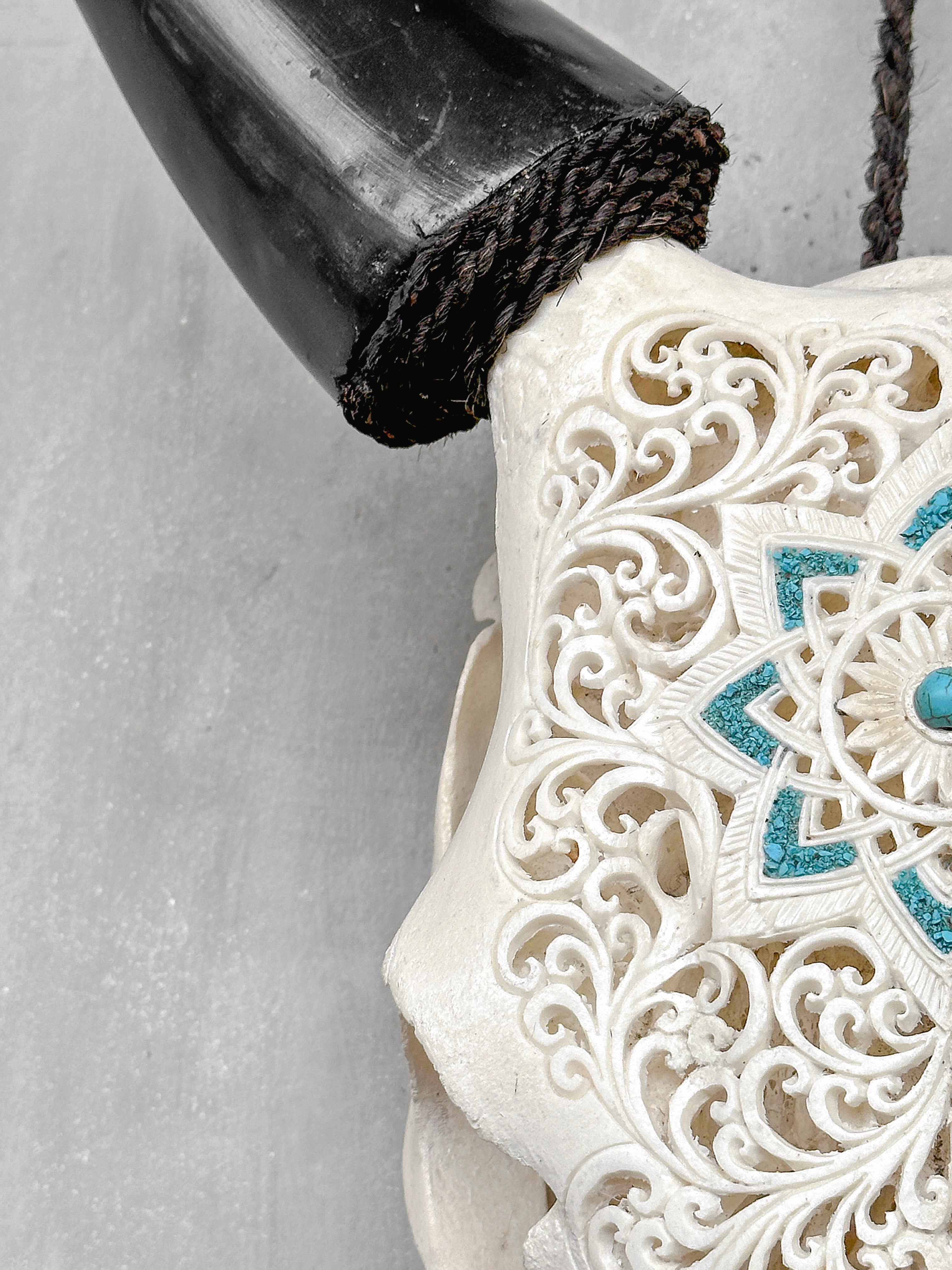 White Carved Cow Skull With Turqoise Accents - Star mandala motif | Skull,A/138