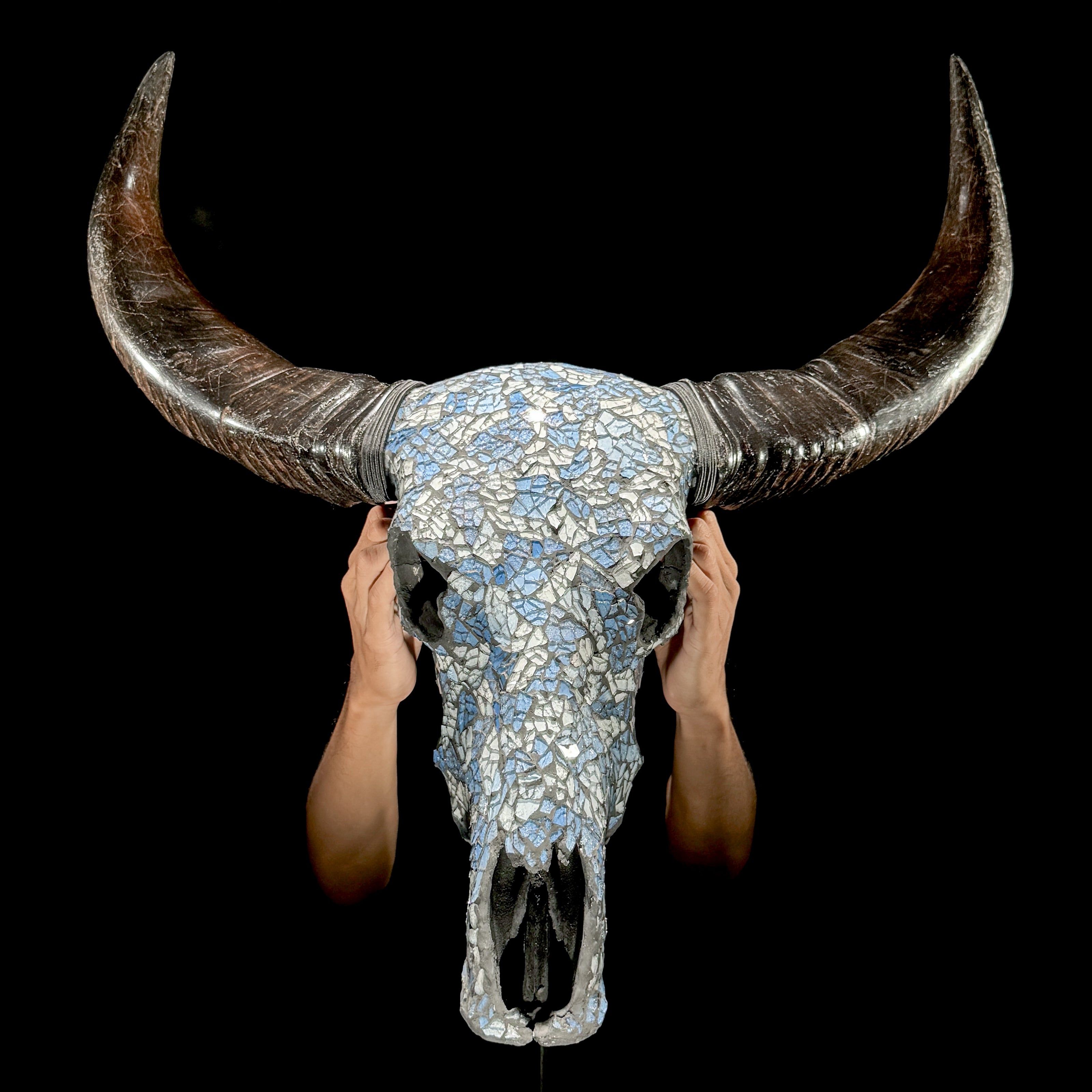 Pastel Blue Mosaic Buffalo Skull Wall Decor – Decorative Horned Skull for Boho, Coastal, or Rustic Style Interiors - Skull,A/128
