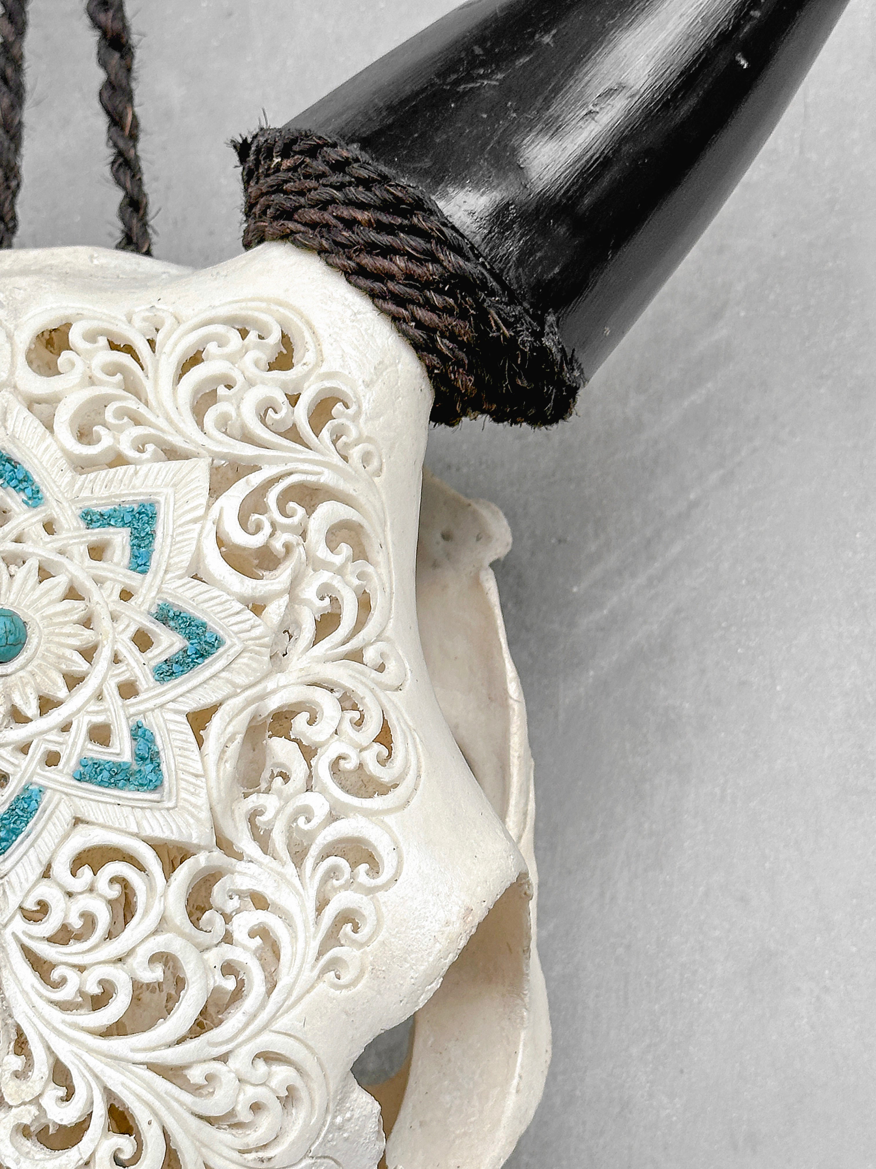 White Carved Cow Skull With Turqoise Accents - Star mandala motif | Skull,A/138