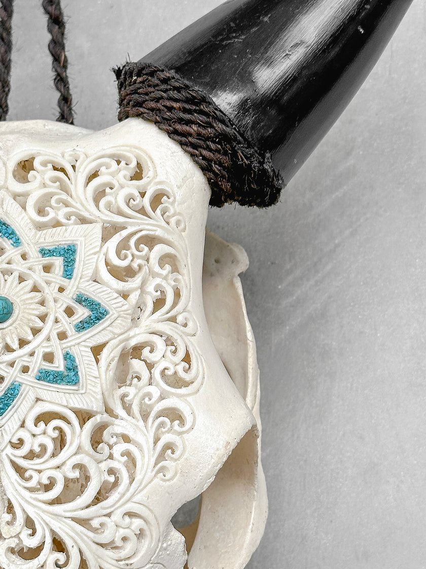 White Carved Cow Skull With Turqoise Accents - Star mandala motif | Skull,A/138