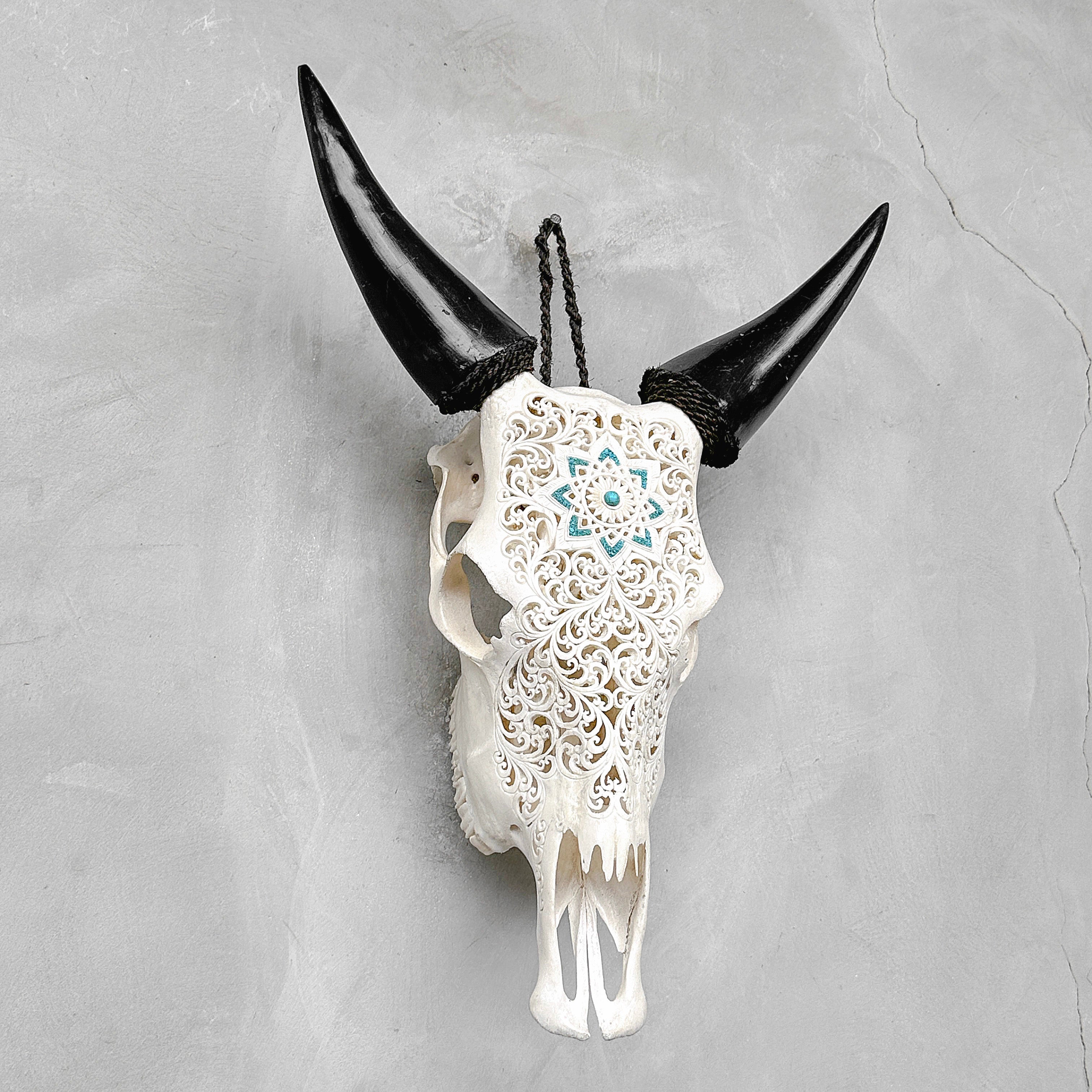 White Carved Cow Skull With Turqoise Accents - Star mandala motif | Skull,A/138
