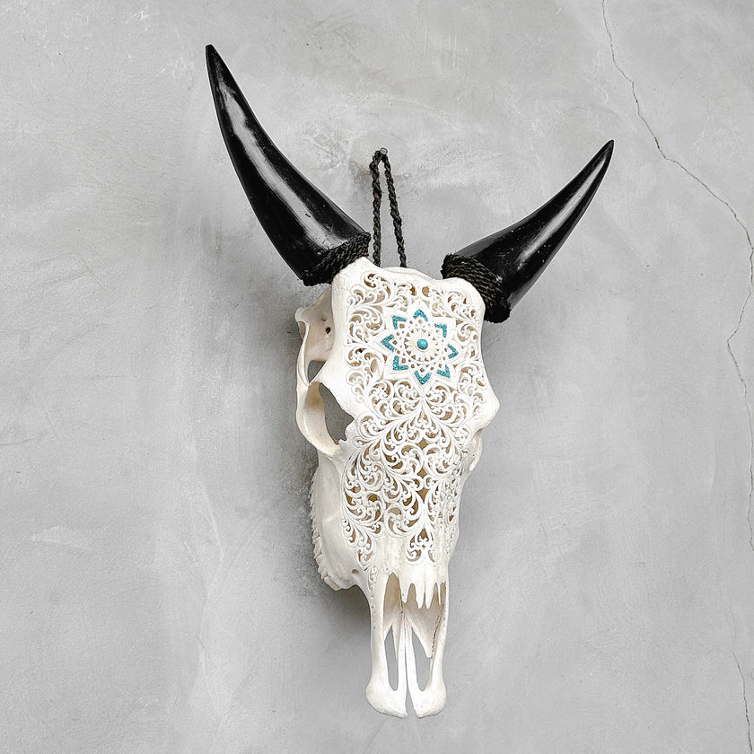 White Carved Cow Skull With Turqoise Accents - Star mandala motif | Skull,A/138