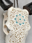 White Carved Cow Skull With Turqoise Accents - Star mandala motif | Skull,A/138