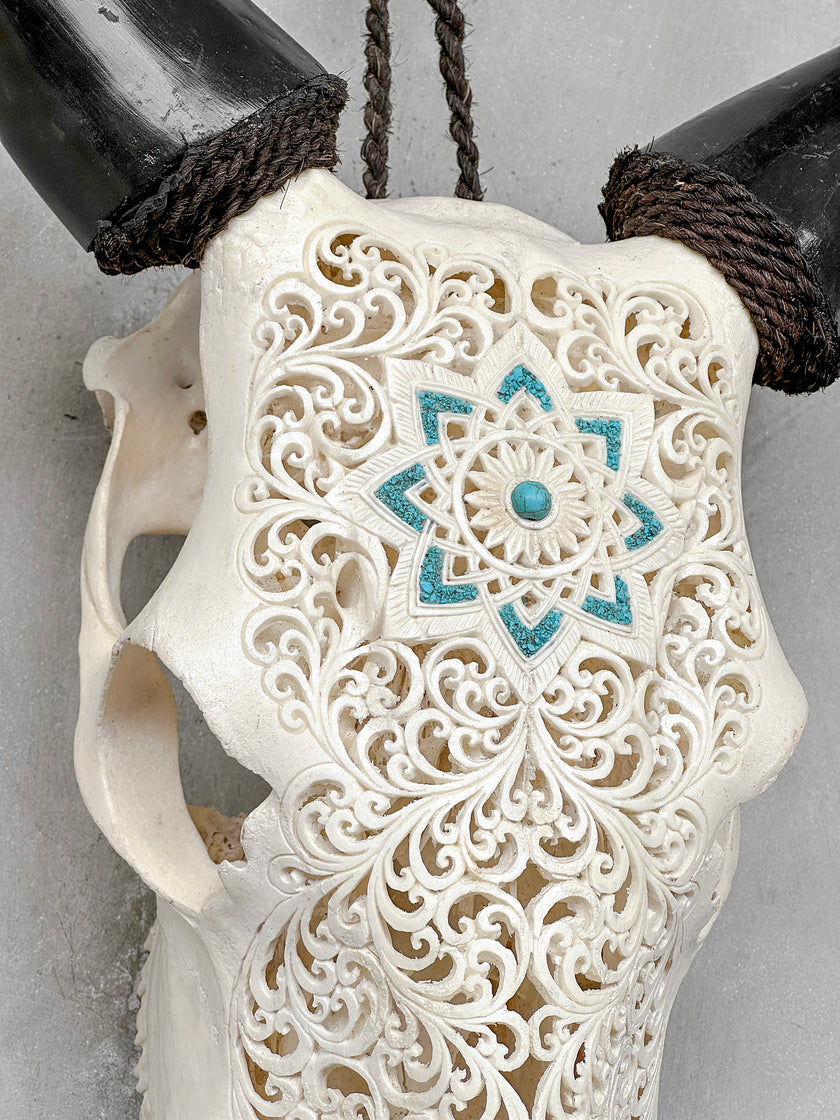 White Carved Cow Skull With Turqoise Accents - Star mandala motif | Skull,A/138