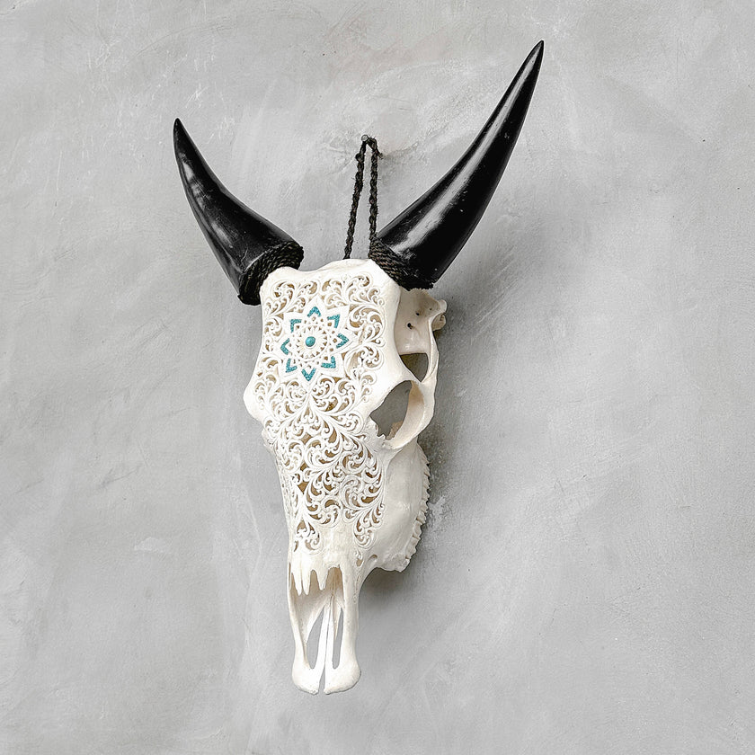 White Carved Cow Skull With Turqoise Accents - Star mandala motif | Skull,A/138