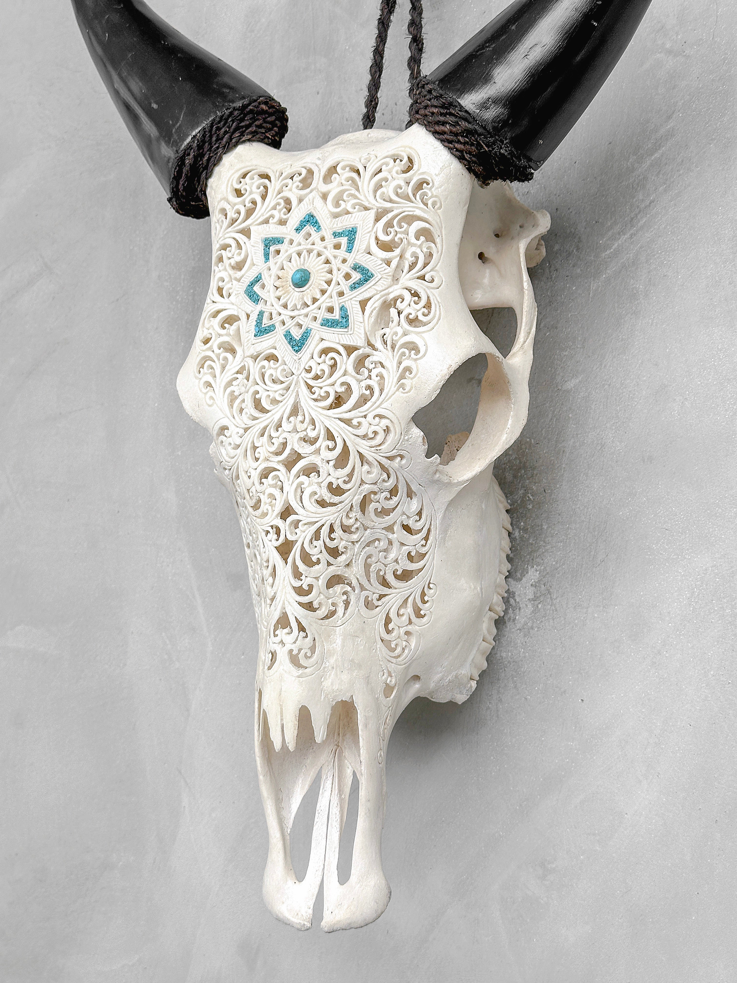 White Carved Cow Skull With Turqoise Accents - Star mandala motif | Skull,A/138