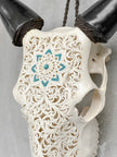 White Carved Cow Skull With Turqoise Accents - Star mandala motif | Skull,A/138