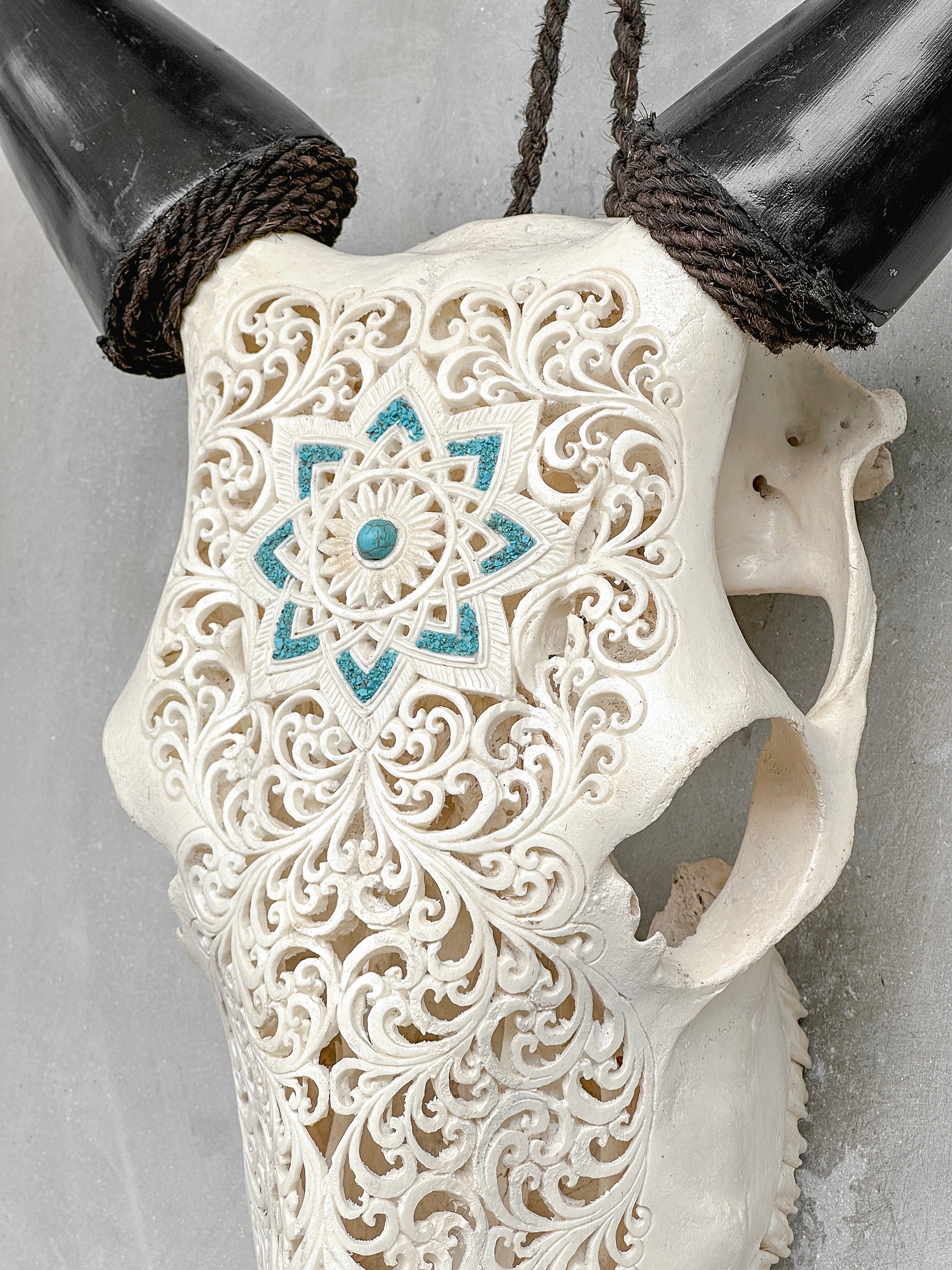 White Carved Cow Skull With Turqoise Accents - Star mandala motif | Skull,A/138