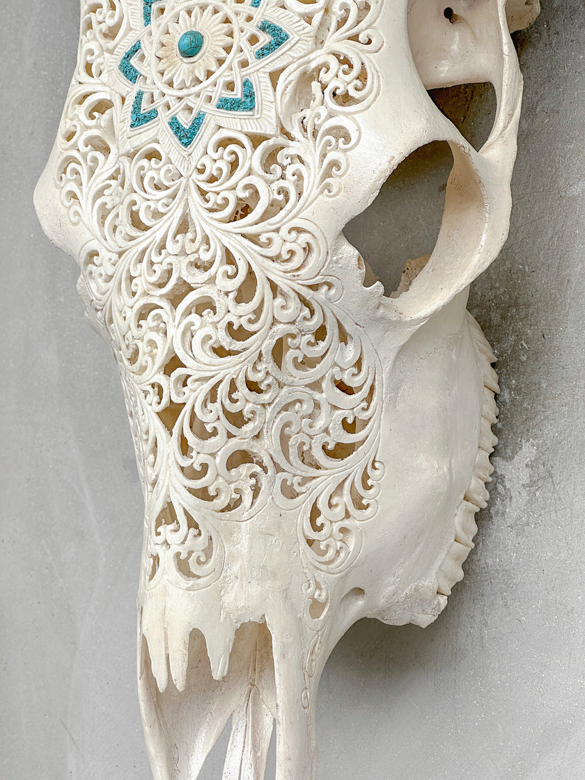 White Carved Cow Skull With Turqoise Accents - Star mandala motif | Skull,A/138