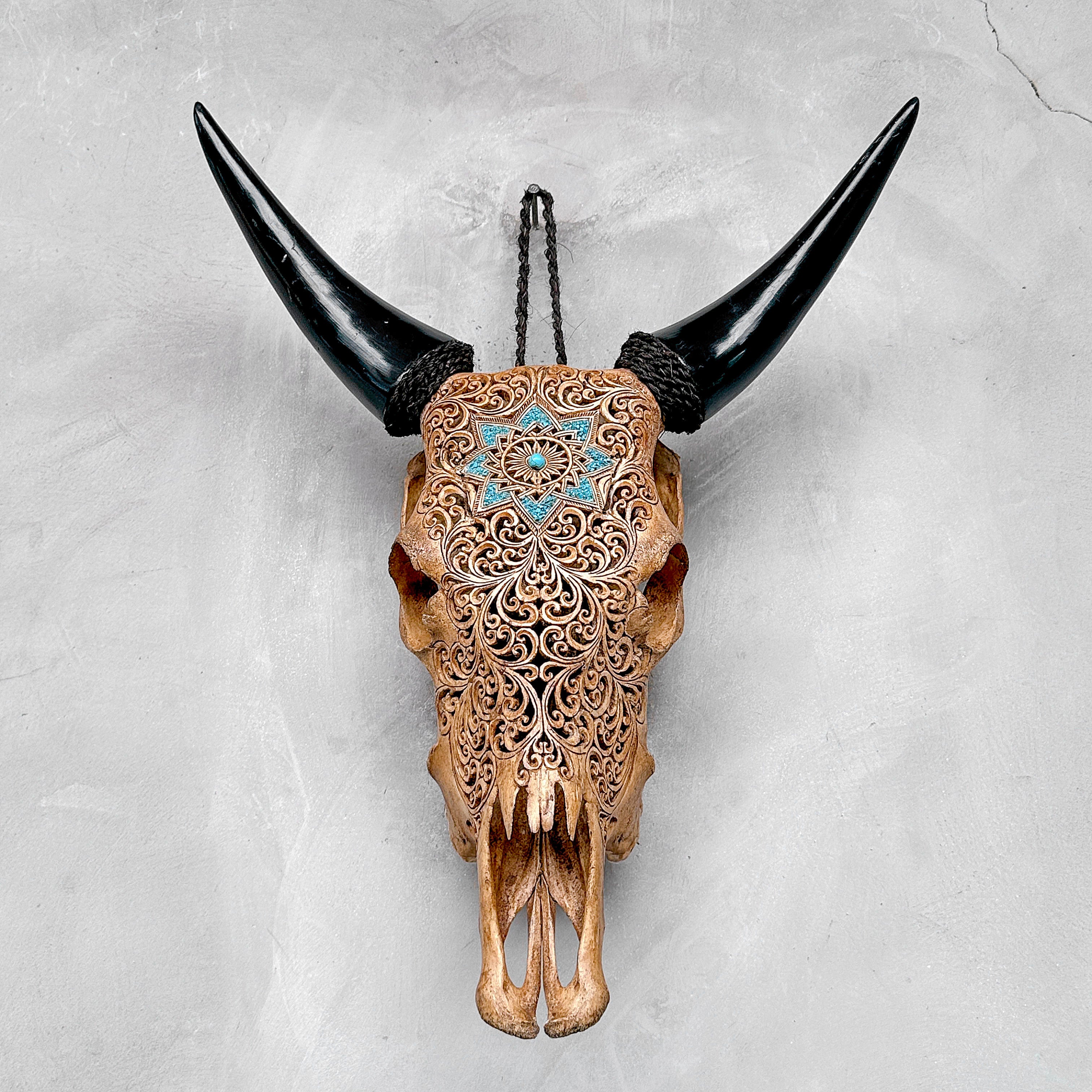 Brown Carved Cow Skull With Turqoise Accents - Star Mandala motif | Skull,A/142