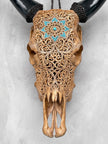 Brown Carved Cow Skull With Turqoise Accents - Star Mandala motif | Skull,A/142