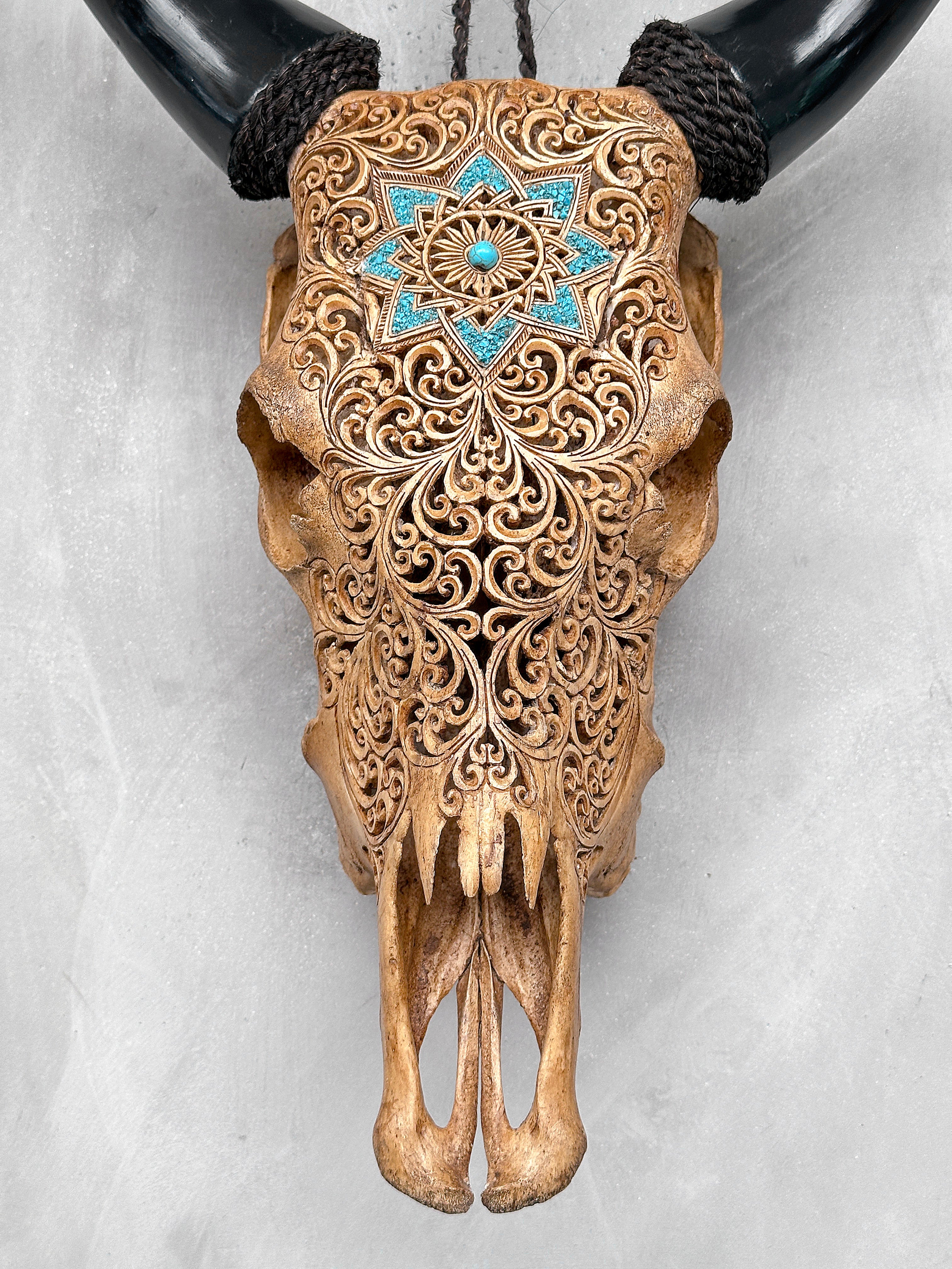 Brown Carved Cow Skull With Turqoise Accents - Star Mandala motif | Skull,A/142