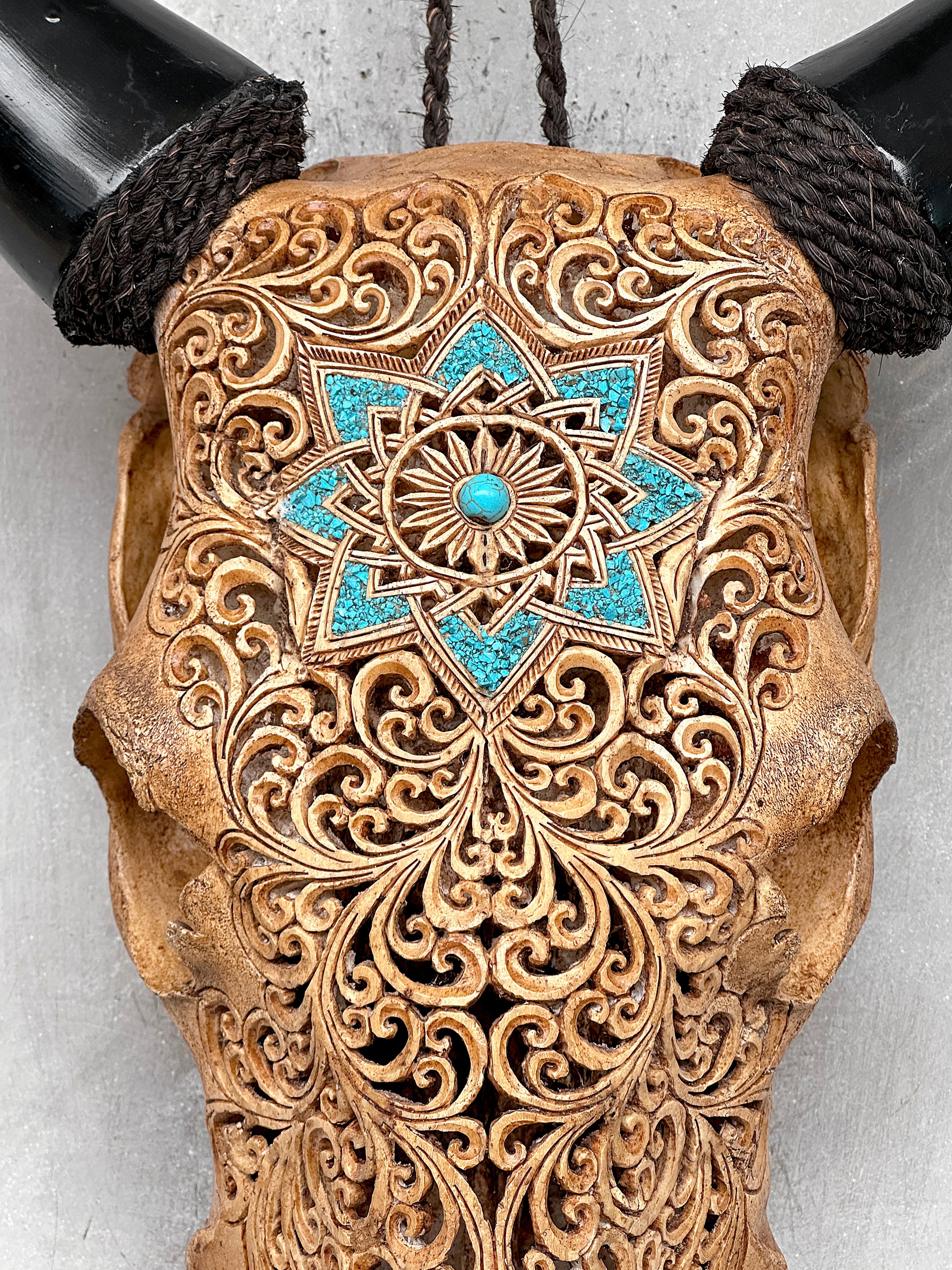 Brown Carved Cow Skull With Turqoise Accents - Star Mandala motif | Skull,A/142